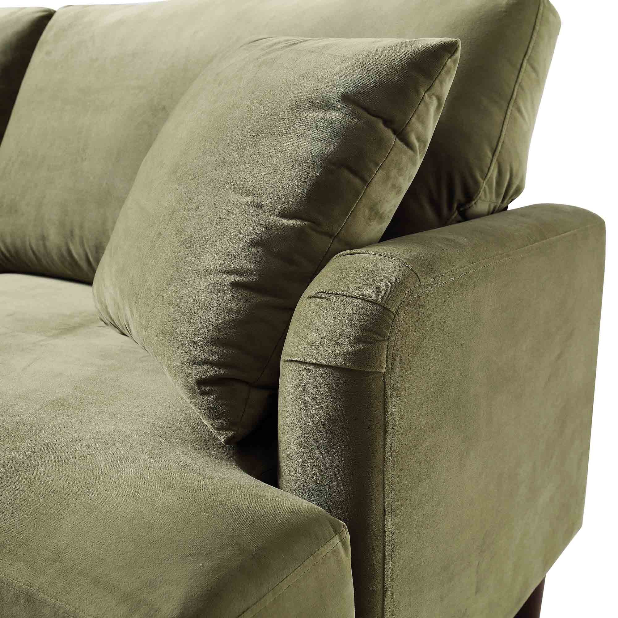 Brigette 3-Seater Olive Green Velvet Sofa with Antique Brass Castor Legs - Image 11