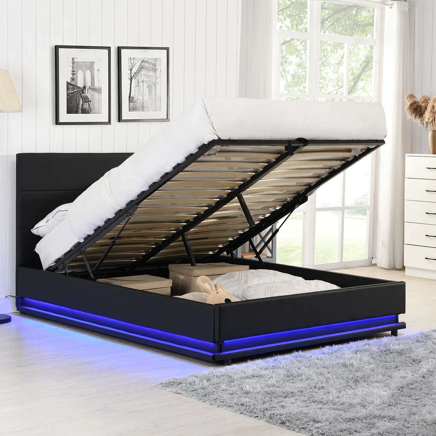 Buxton Faux Leather End Opening Ottoman Storage Bed Frame with Multi-colour LED Light Strip (Black PU) - Image 2