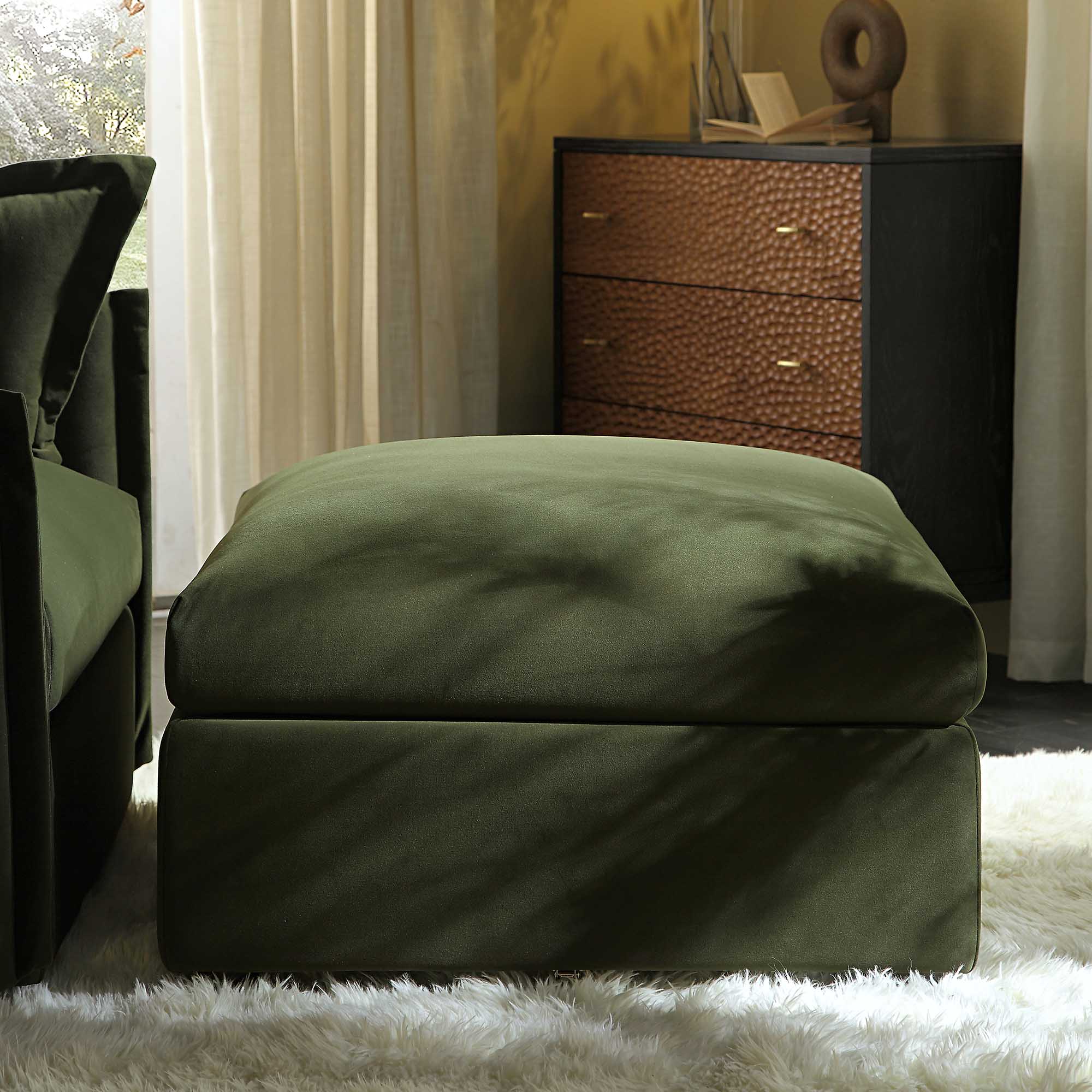 Byron Moss Green Velvet Fabric Pouffe - Image 2