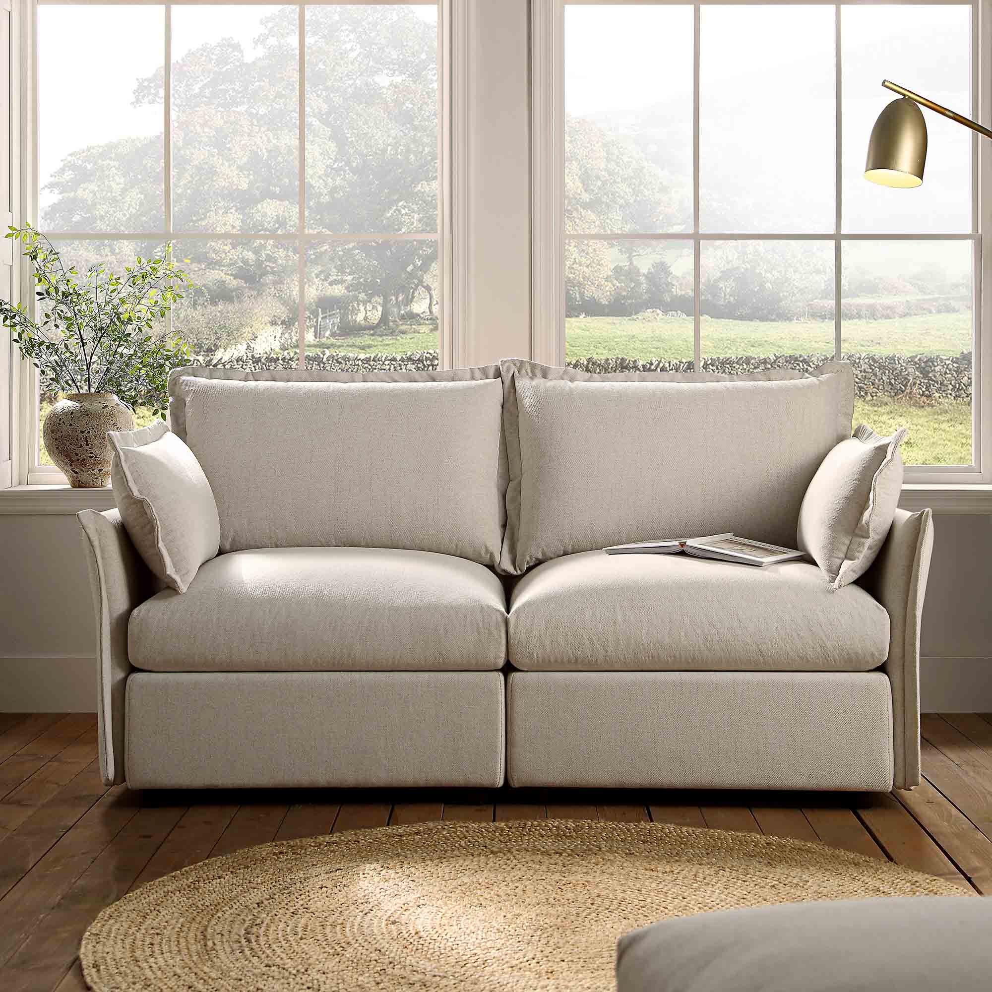Byron Pillow Edge Beige Fabric Modular Sofa, 2-Seater - Image 2