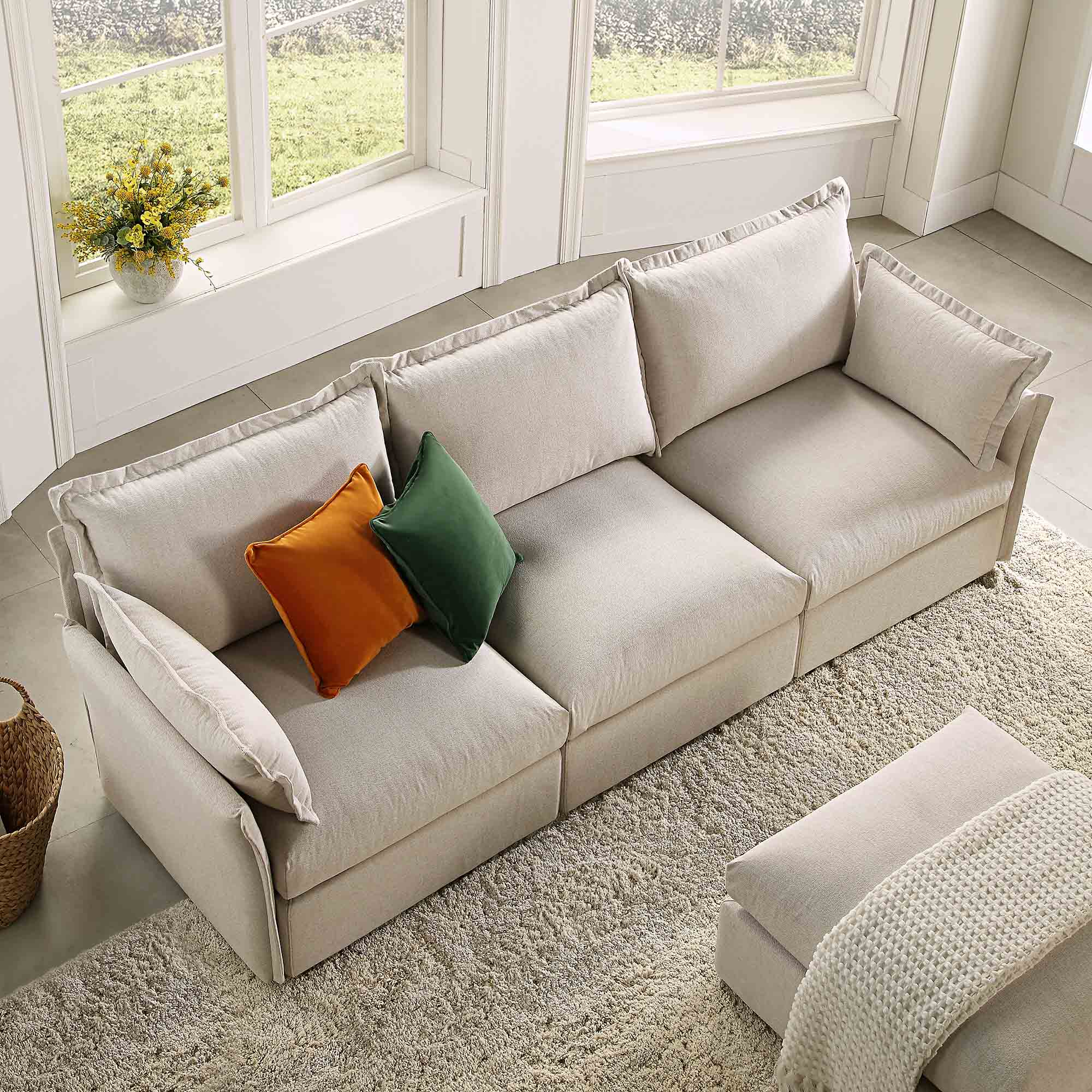 Byron Pillow Edge Beige Fabric Modular Sofa, 3-Seater - Image 3