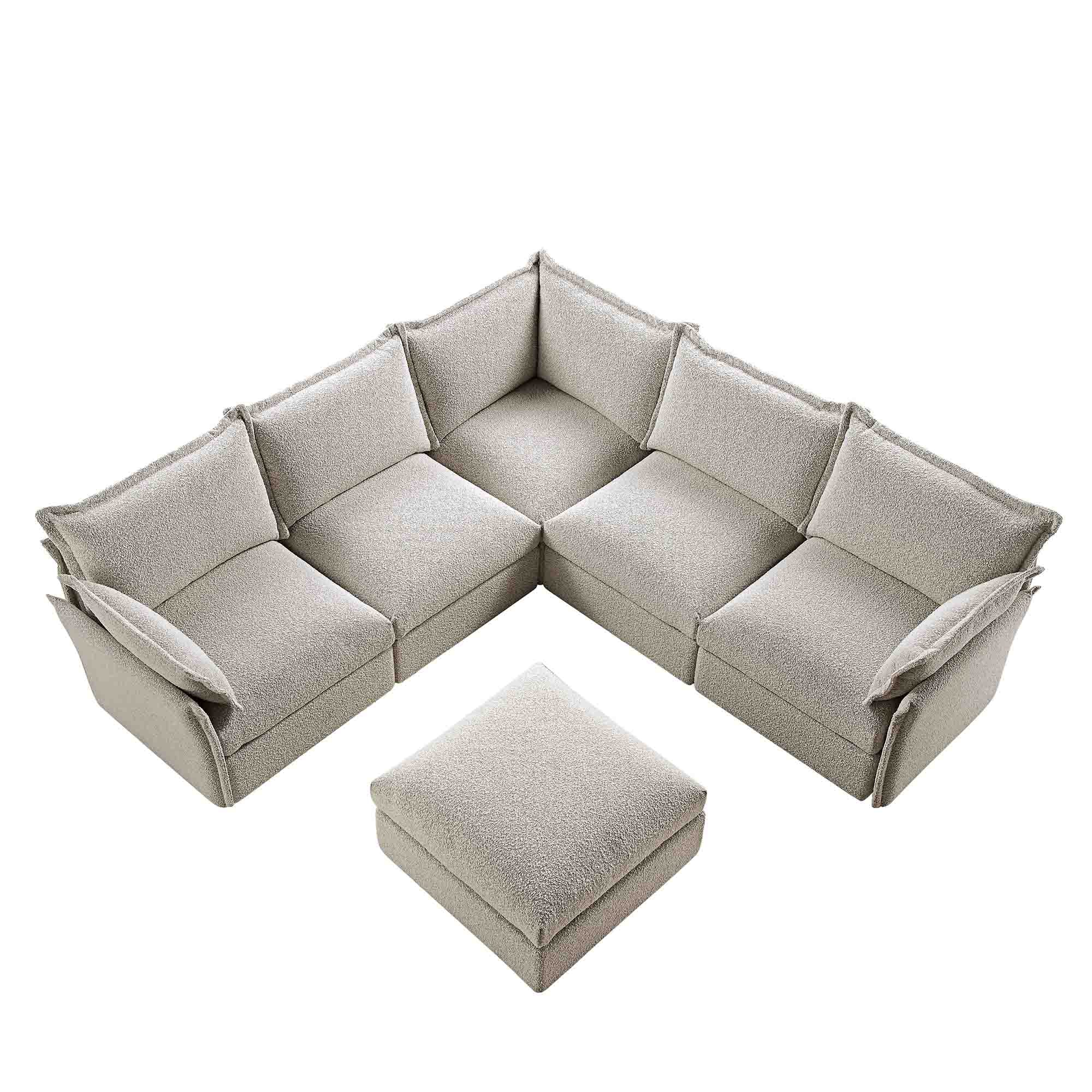 Byron Pillow Edge Mist Grey Boucle Modular Sofa, 5-Seater Corner & Stool Set - Image 5
