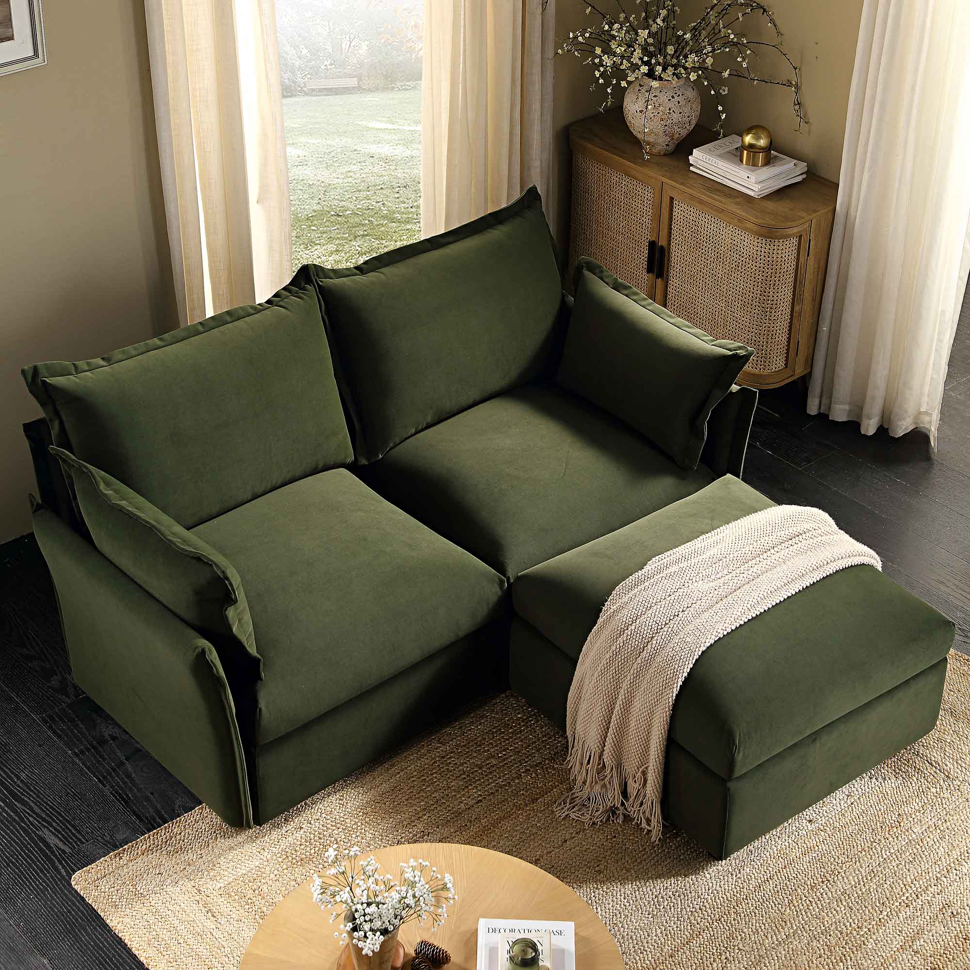 Byron Pillow Edge Moss Green Velvet Modular Sofa, 2-Seater Chaise - Image 3