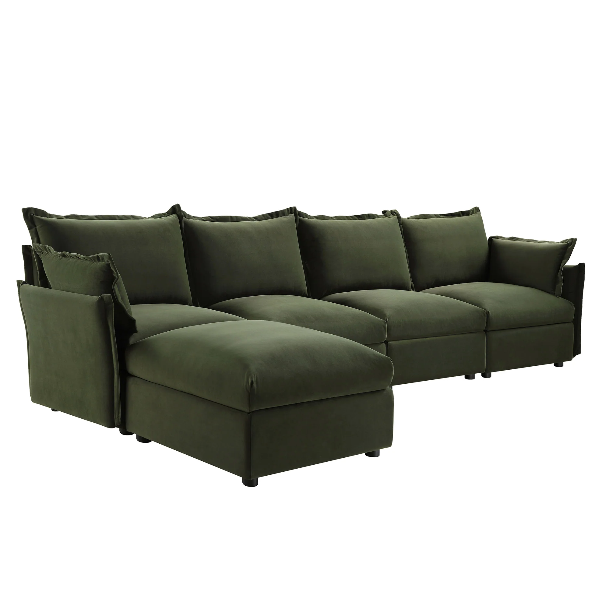 Byron Pillow Edge Moss Green Velvet Modular Sofa, 4-Seater Chaise - Image 2