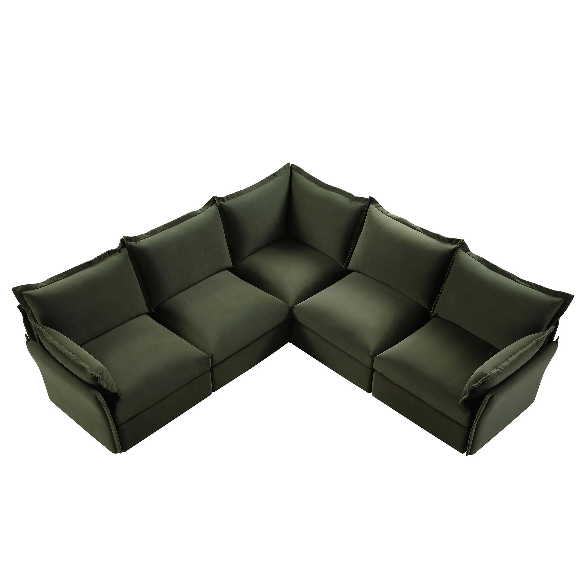 Byron Pillow Edge Moss Green Velvet Modular Sofa, 5-Seater Corner - Image 6