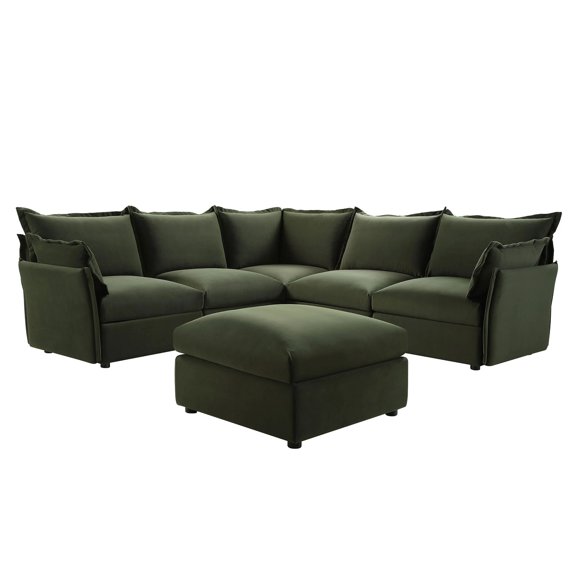 Byron Pillow Edge Moss Green Velvet Modular Sofa, 5-Seater Corner & Stool Set - Image 4