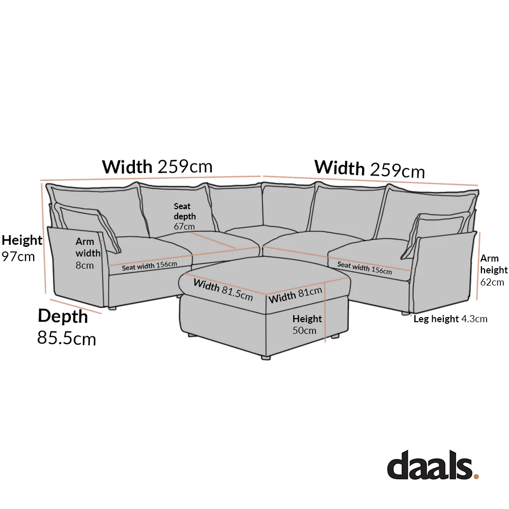 Byron Pillow Edge Moss Green Velvet Modular Sofa, 5-Seater Corner & Stool Set - Image 6