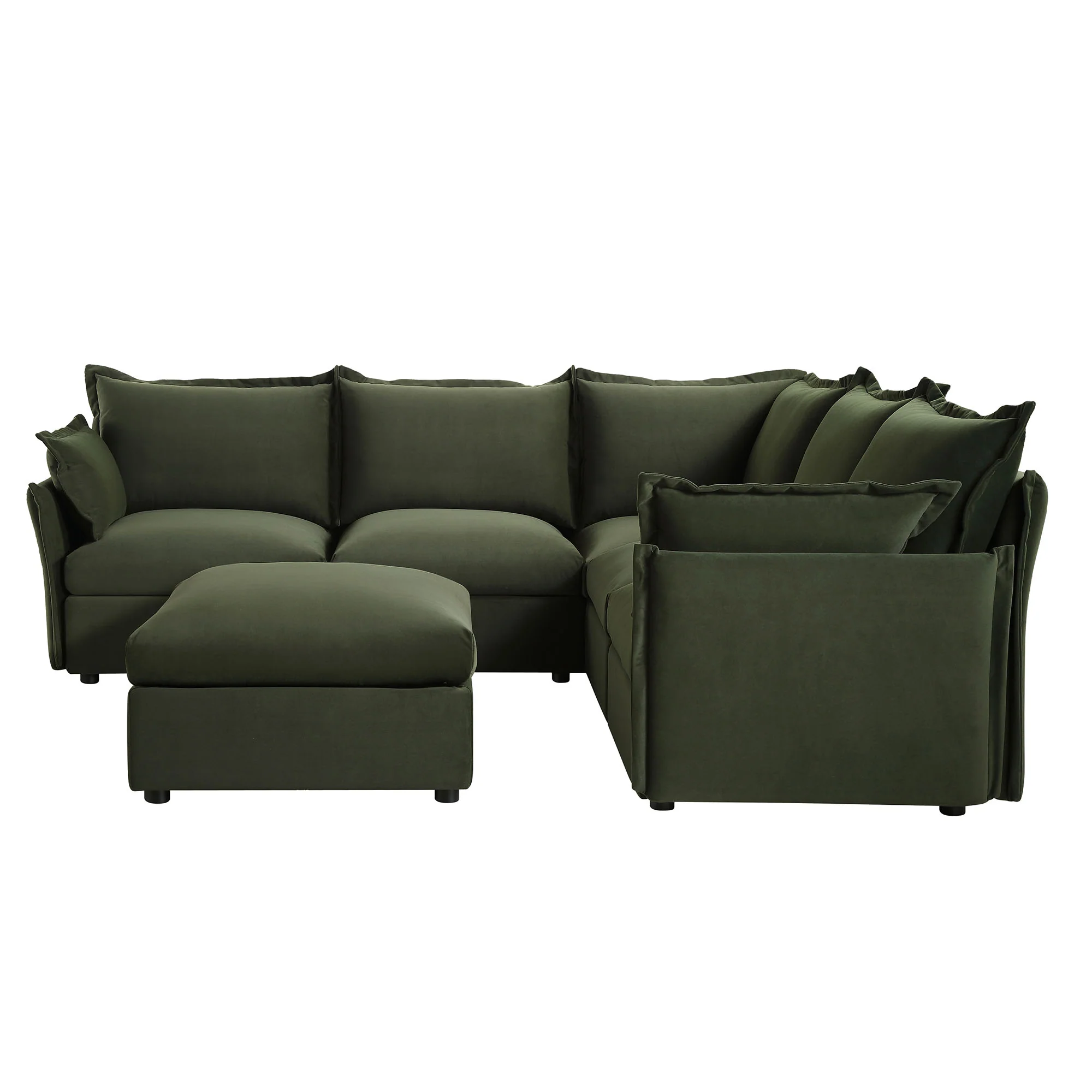 Byron Pillow Edge Moss Green Velvet Modular Sofa, 5-Seater Corner & Stool Set - Image 7