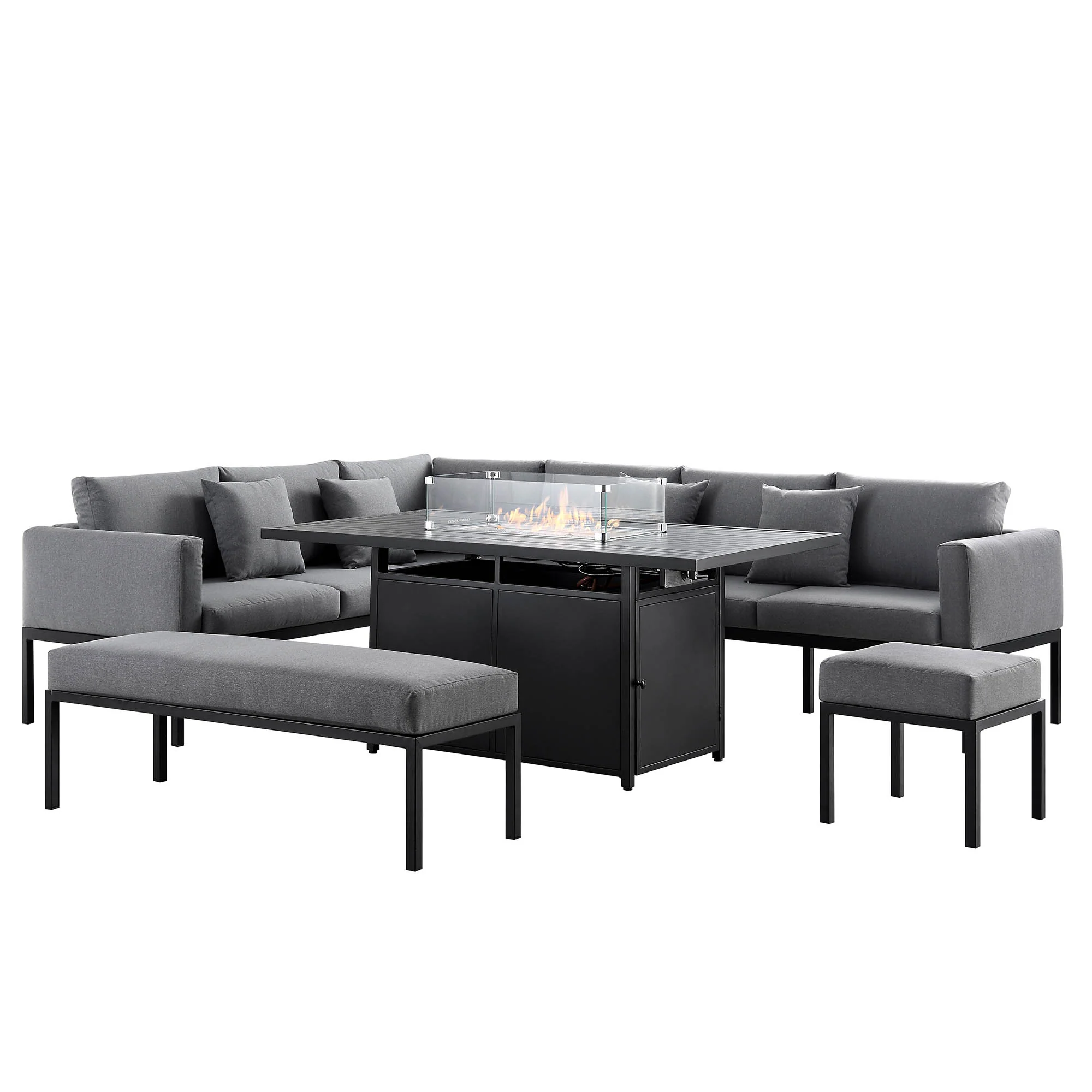 Calabasas Large Outdoor Fabric and Aluminium Corner Casual Dining Set with Firepit Table, Dark Grey - Image 4