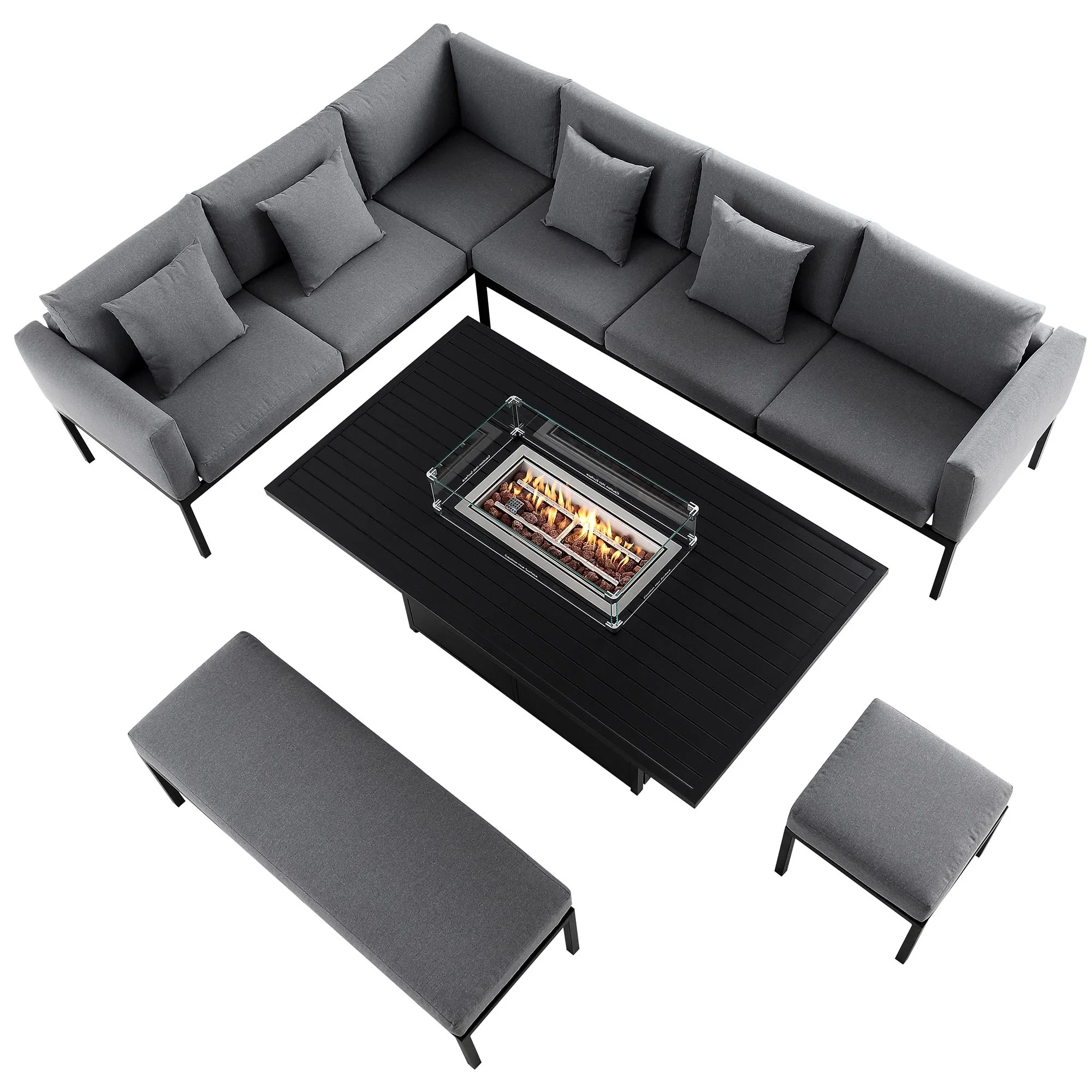 Calabasas Large Outdoor Fabric and Aluminium Corner Casual Dining Set with Firepit Table, Dark Grey - Image 5