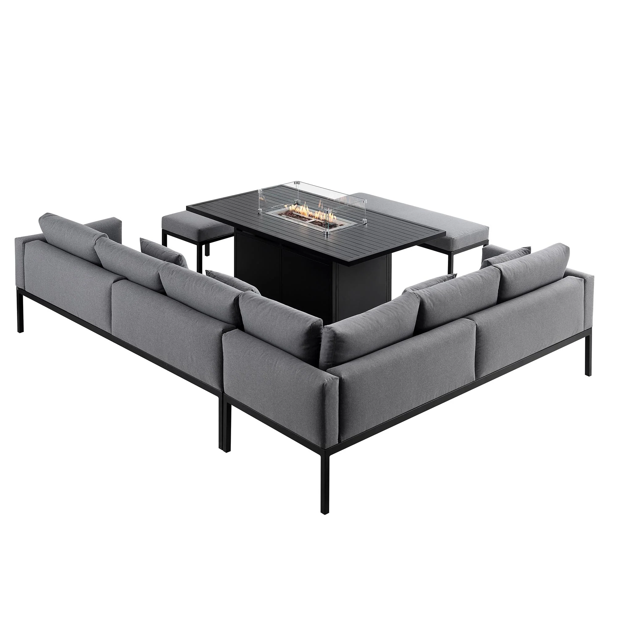 Calabasas Large Outdoor Fabric and Aluminium Corner Casual Dining Set with Firepit Table, Dark Grey - Image 9
