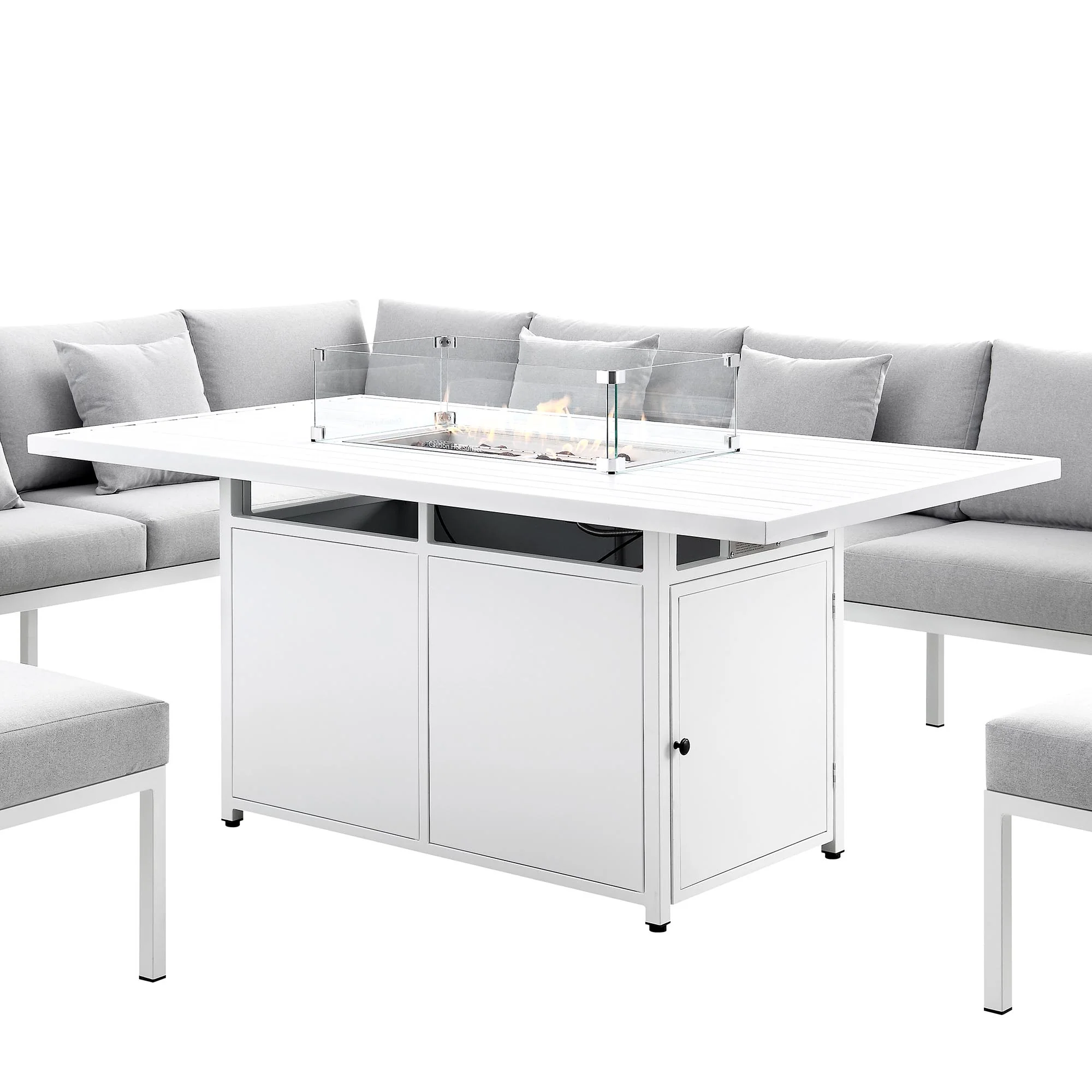 Calabasas Large Outdoor Fabric and Aluminium Corner Casual Dining Set with Firepit Table, Light Grey - Image 11
