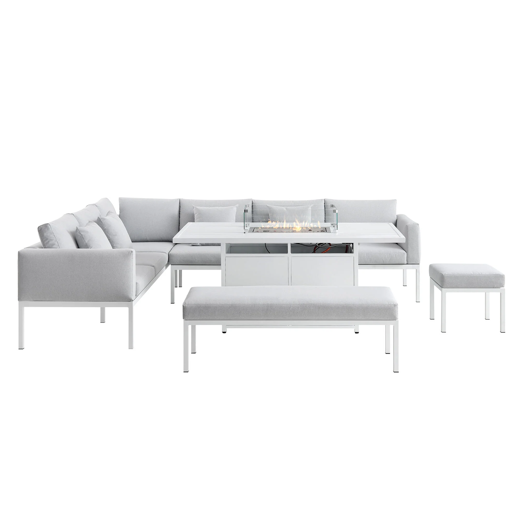 Calabasas Large Outdoor Fabric and Aluminium Corner Casual Dining Set with Firepit Table, Light Grey - Image 6