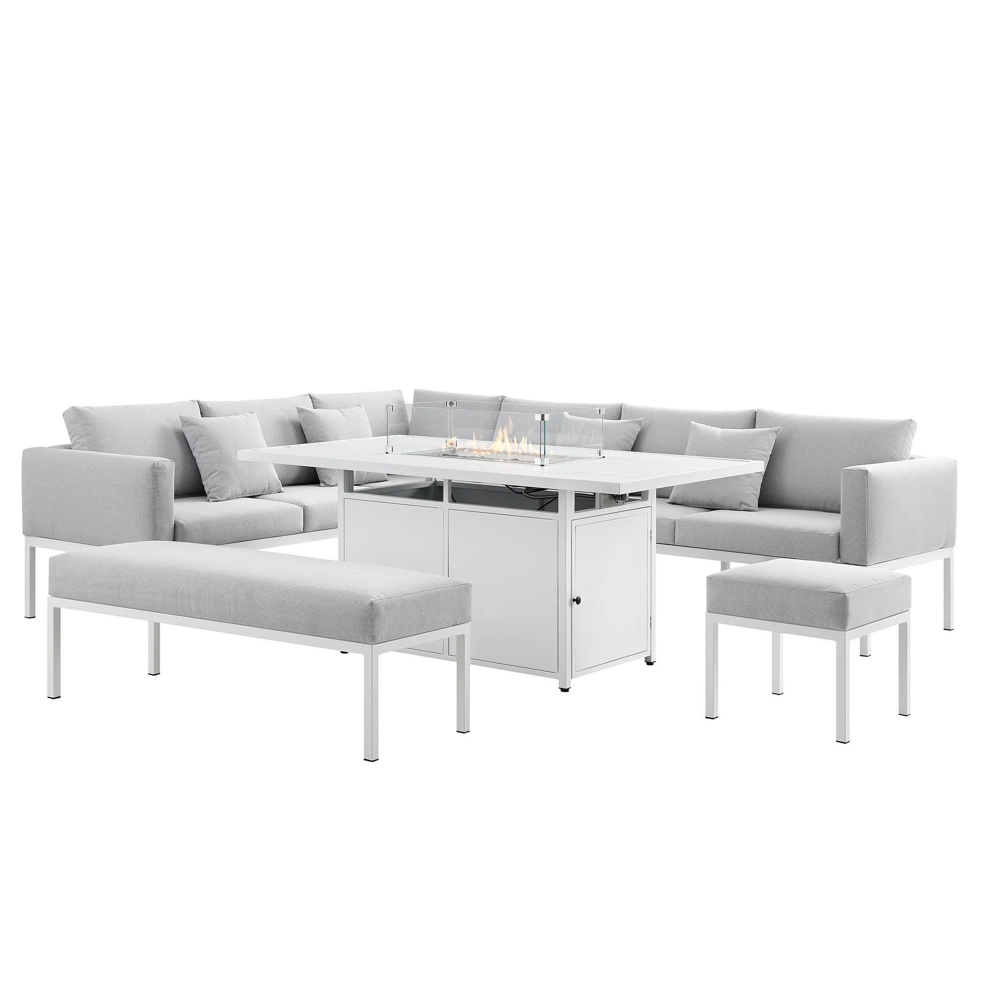Calabasas Large Outdoor Fabric and Aluminium Corner Casual Dining Set with Firepit Table, Light Grey - Image 7