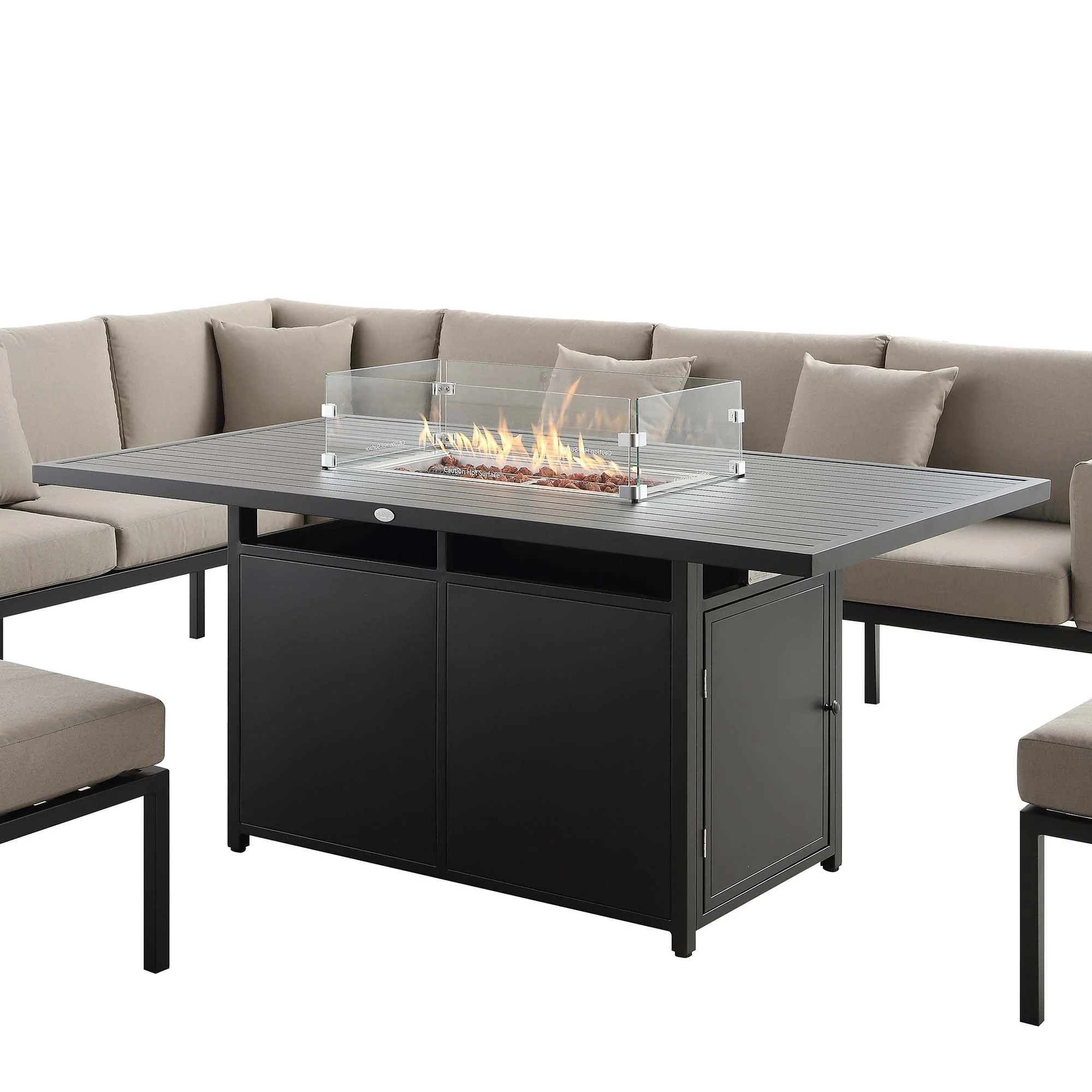 Calabasas Large Outdoor Fabric and Aluminium Corner Casual Dining Set with Firepit Table, Taupe - Image 8