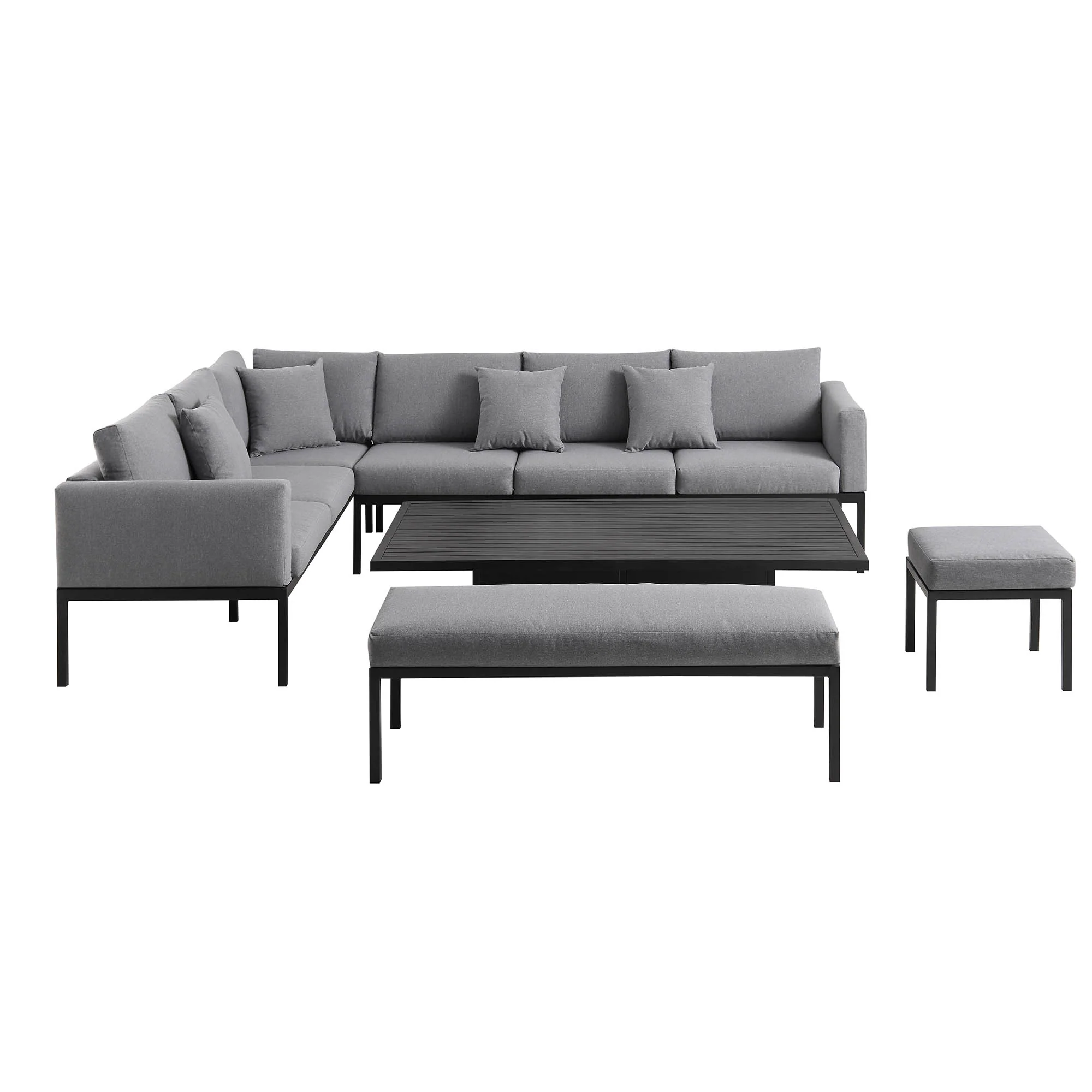 Calabasas Large Outdoor Fabric and Aluminium Corner Casual Dining Set with Rising Table, Dark Grey - Image 10
