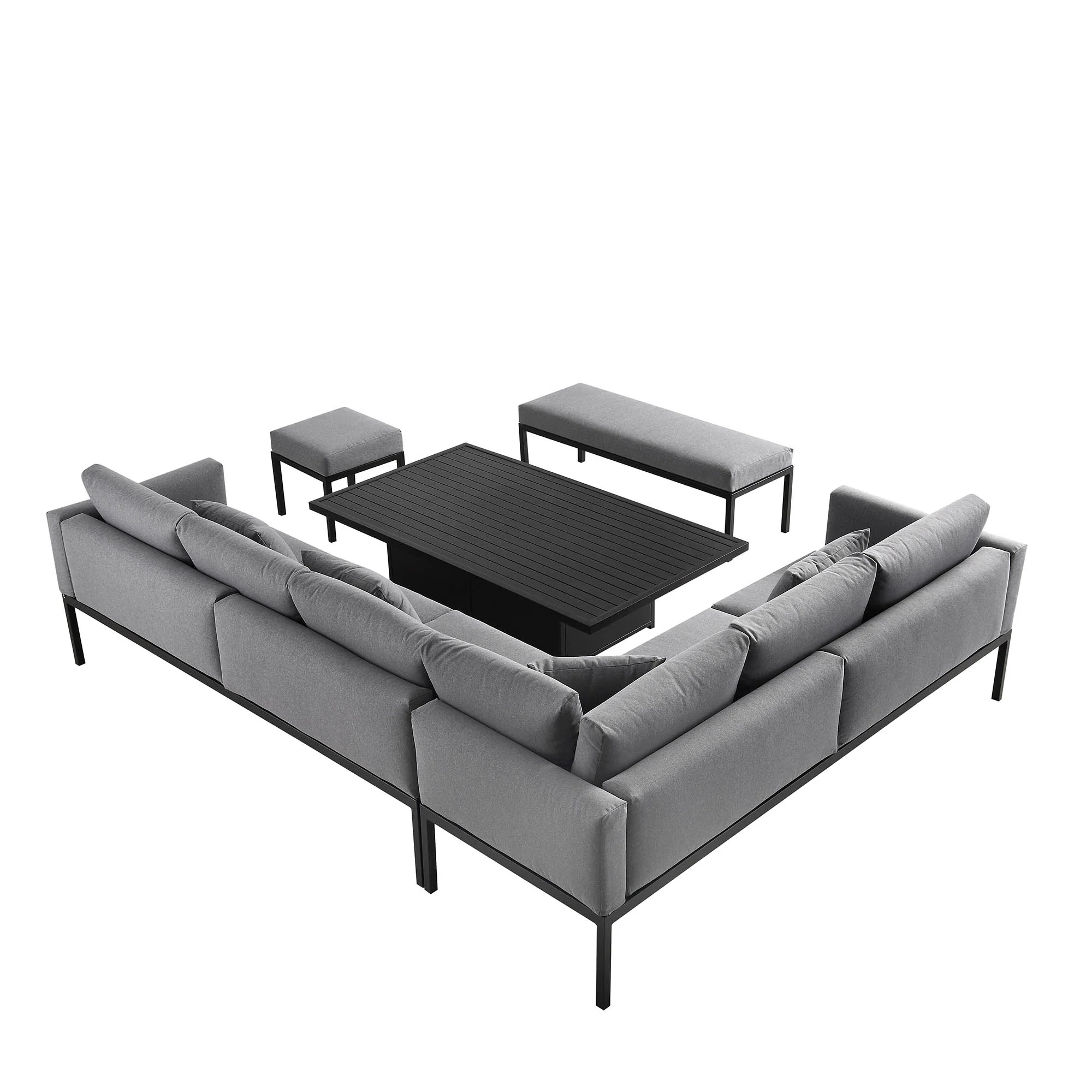 Calabasas Large Outdoor Fabric and Aluminium Corner Casual Dining Set with Rising Table, Dark Grey - Image 12