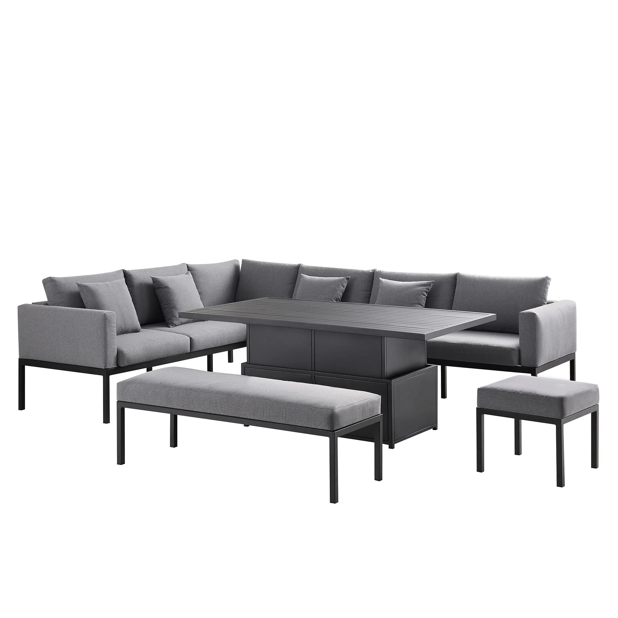 Calabasas Large Outdoor Fabric and Aluminium Corner Casual Dining Set with Rising Table, Dark Grey - Image 6