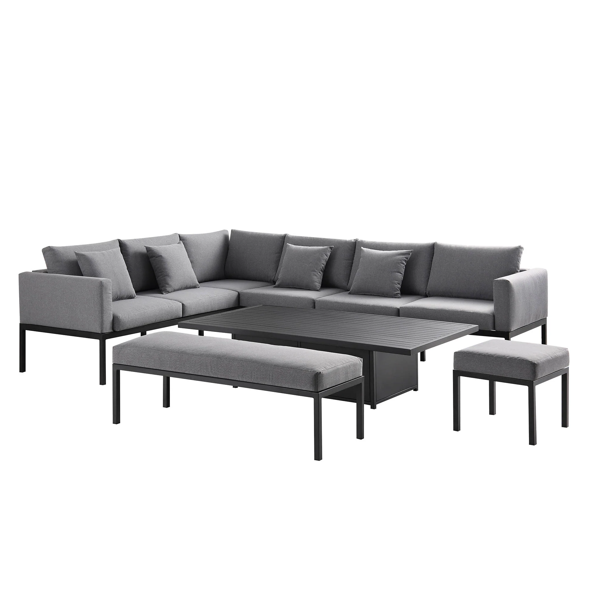 Calabasas Large Outdoor Fabric and Aluminium Corner Casual Dining Set with Rising Table, Dark Grey - Image 8