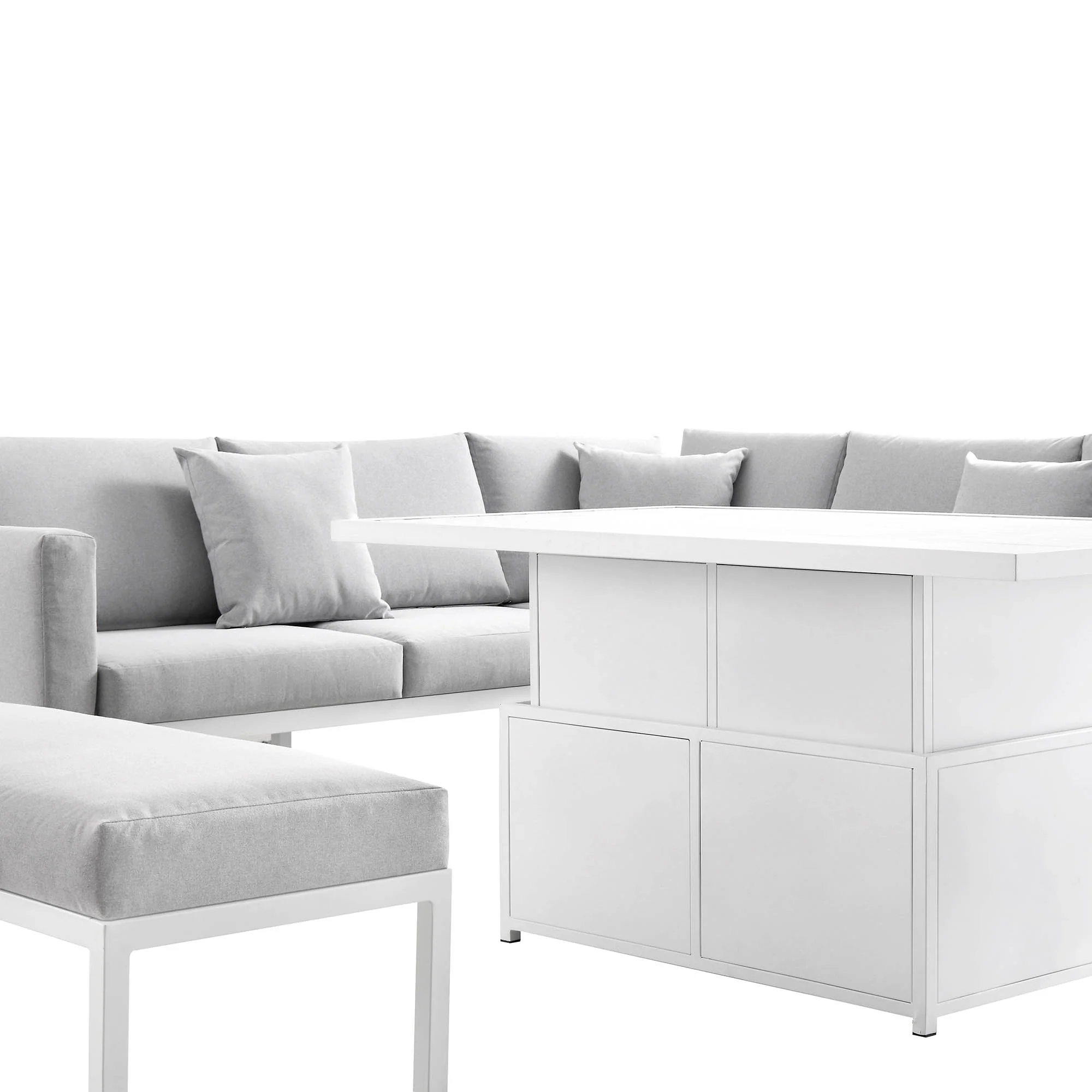 Calabasas Large Outdoor Fabric and Aluminium Corner Casual Dining Set with Rising Table, Light Grey - Image 12