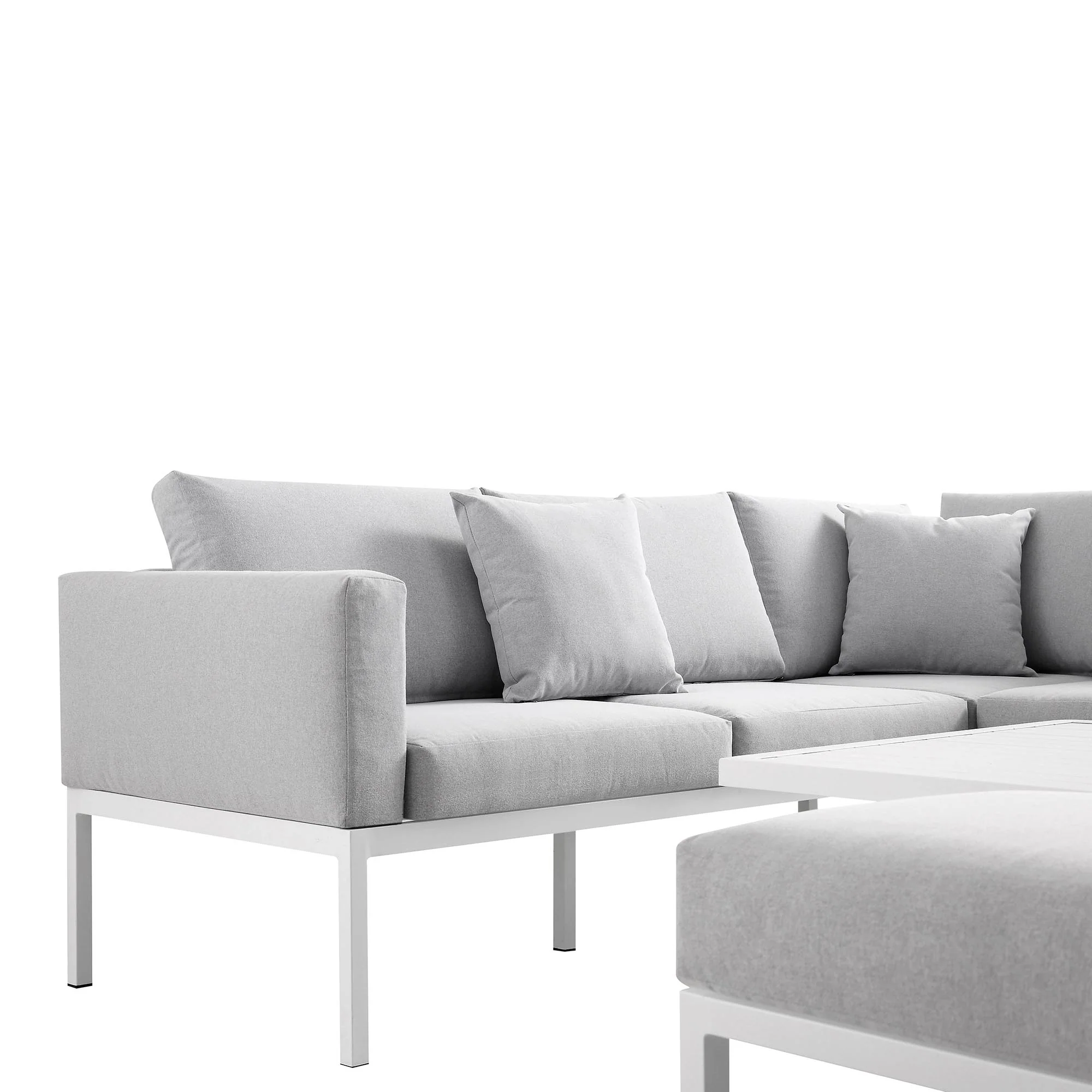 Calabasas Large Outdoor Fabric and Aluminium Corner Casual Dining Set with Rising Table, Light Grey - Image 13