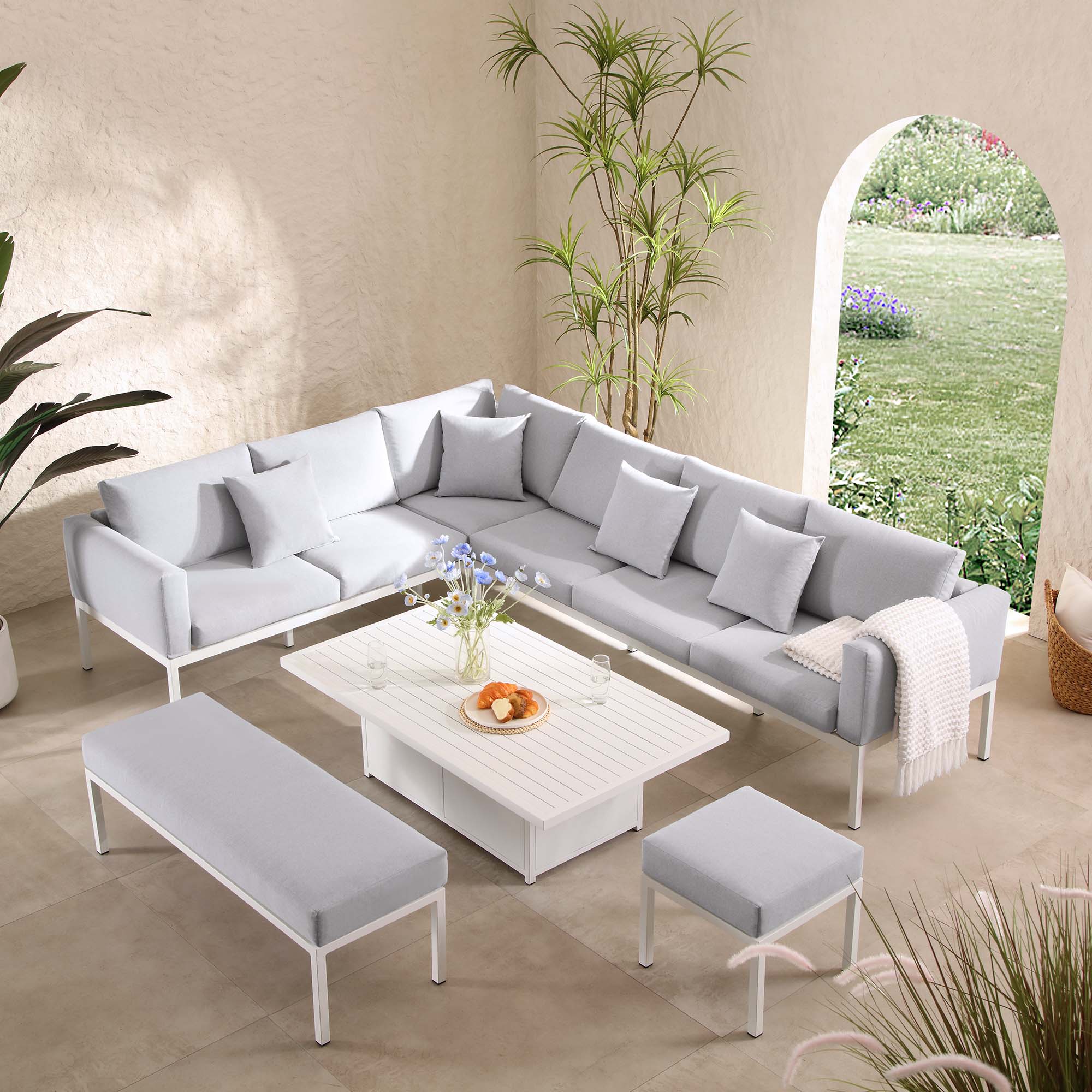 Calabasas Large Outdoor Fabric and Aluminium Corner Casual Dining Set with Rising Table, Light Grey - Image 3