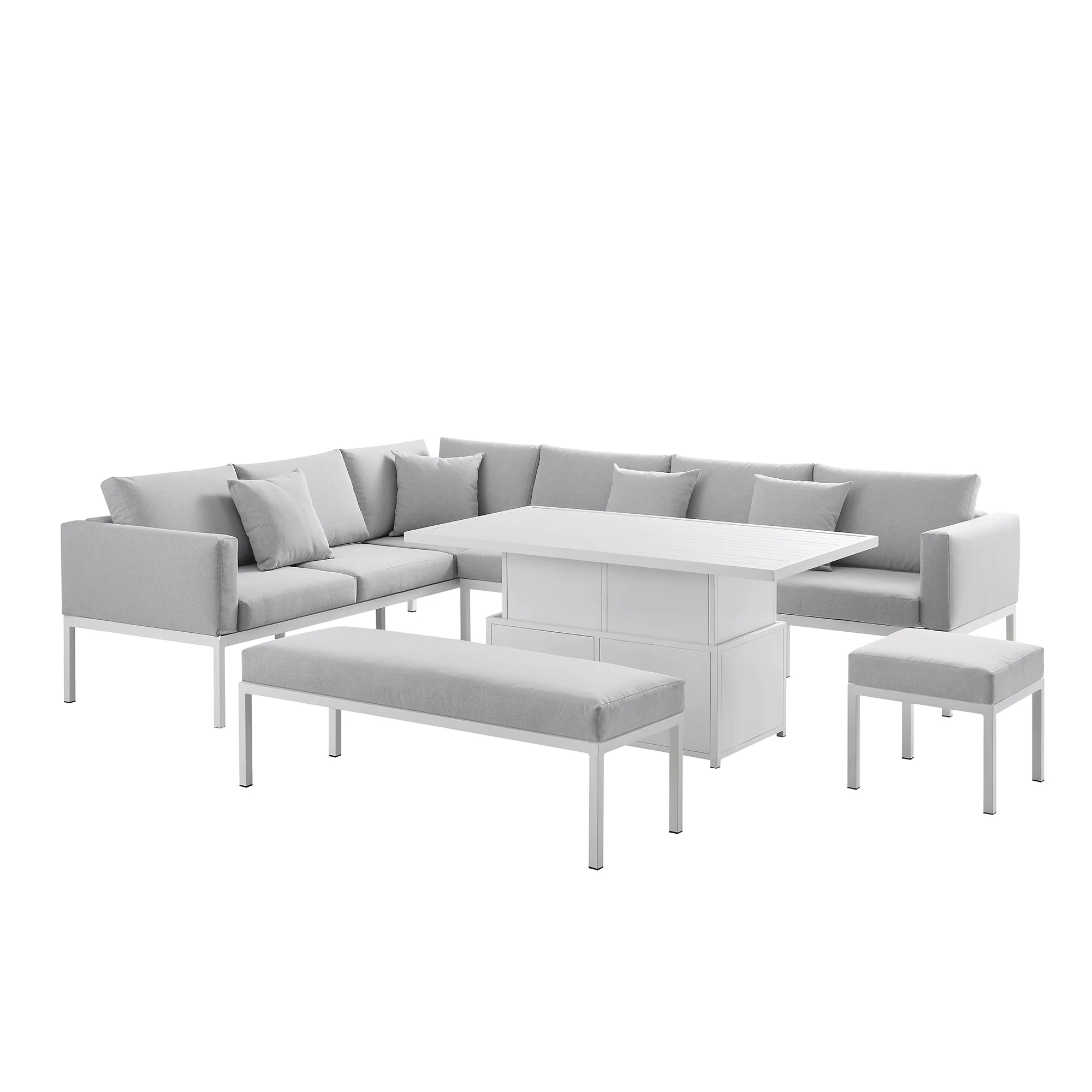 Calabasas Large Outdoor Fabric and Aluminium Corner Casual Dining Set with Rising Table, Light Grey - Image 5