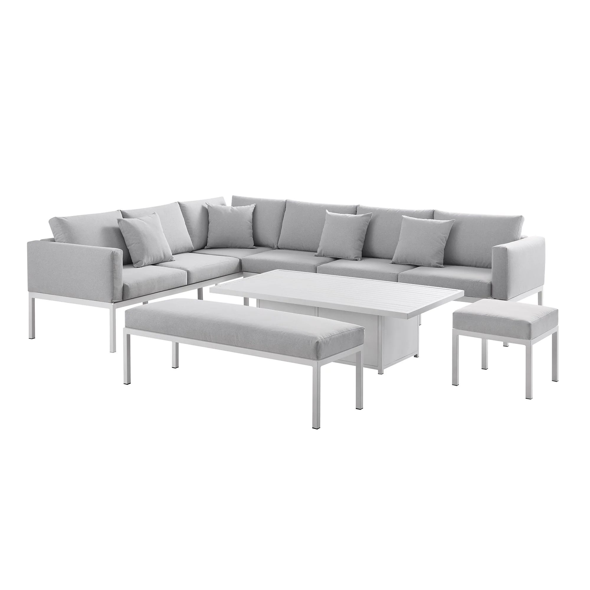 Calabasas Large Outdoor Fabric and Aluminium Corner Casual Dining Set with Rising Table, Light Grey - Image 7