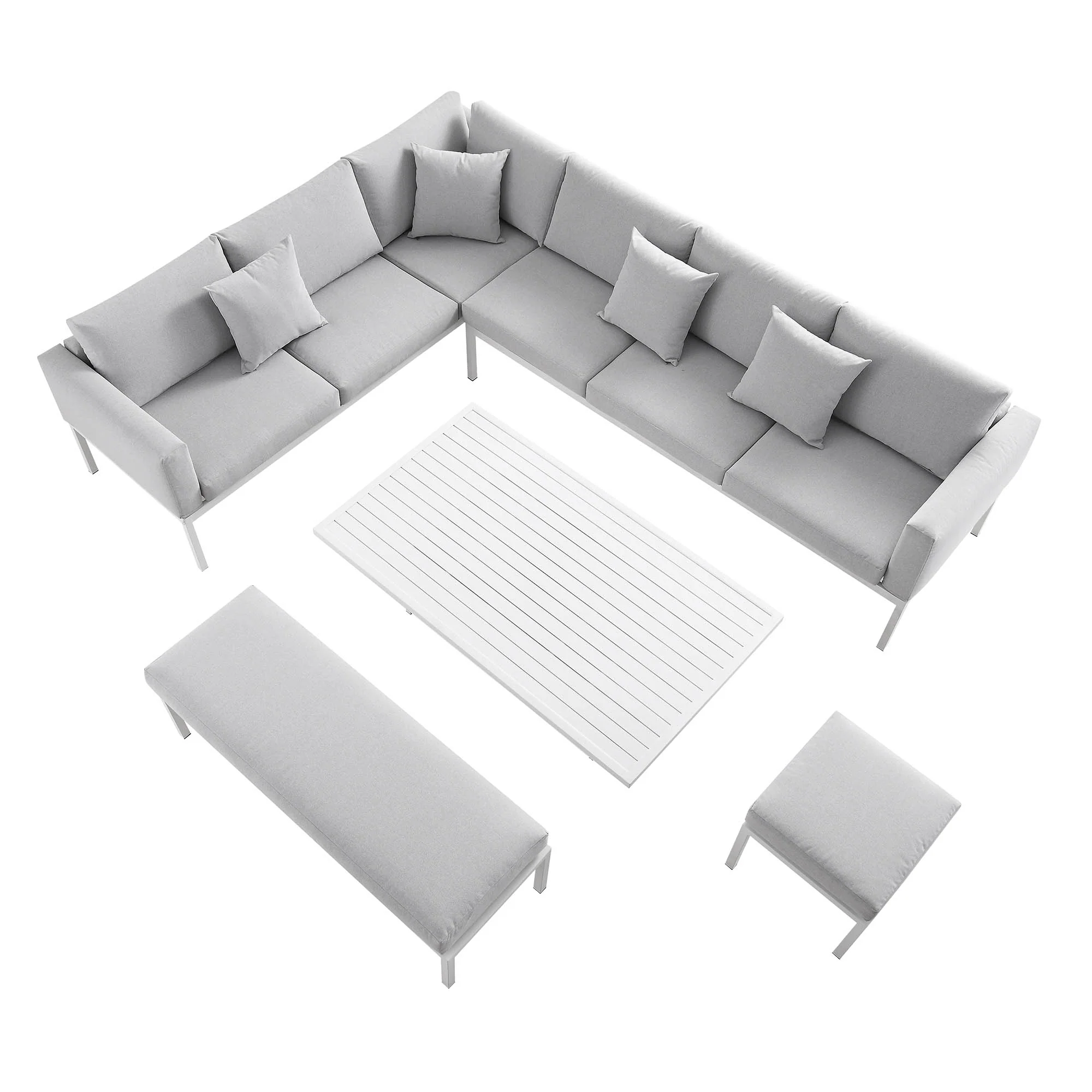Calabasas Large Outdoor Fabric and Aluminium Corner Casual Dining Set with Rising Table, Light Grey - Image 8