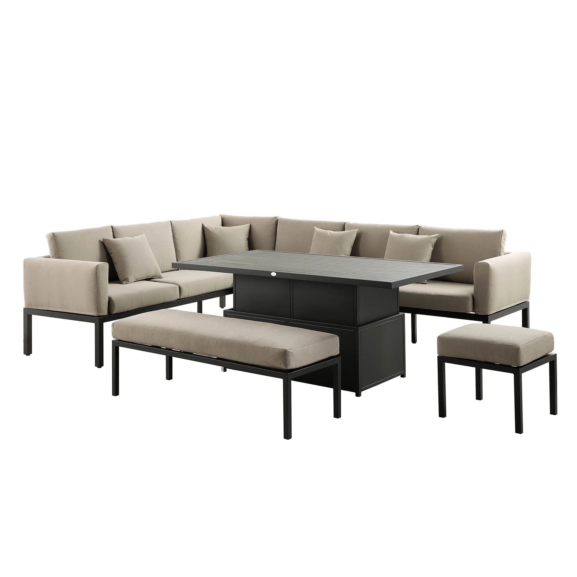 Calabasas Large Outdoor Fabric and Aluminium Corner Casual Dining Set with Rising Table, Taupe - Image 3
