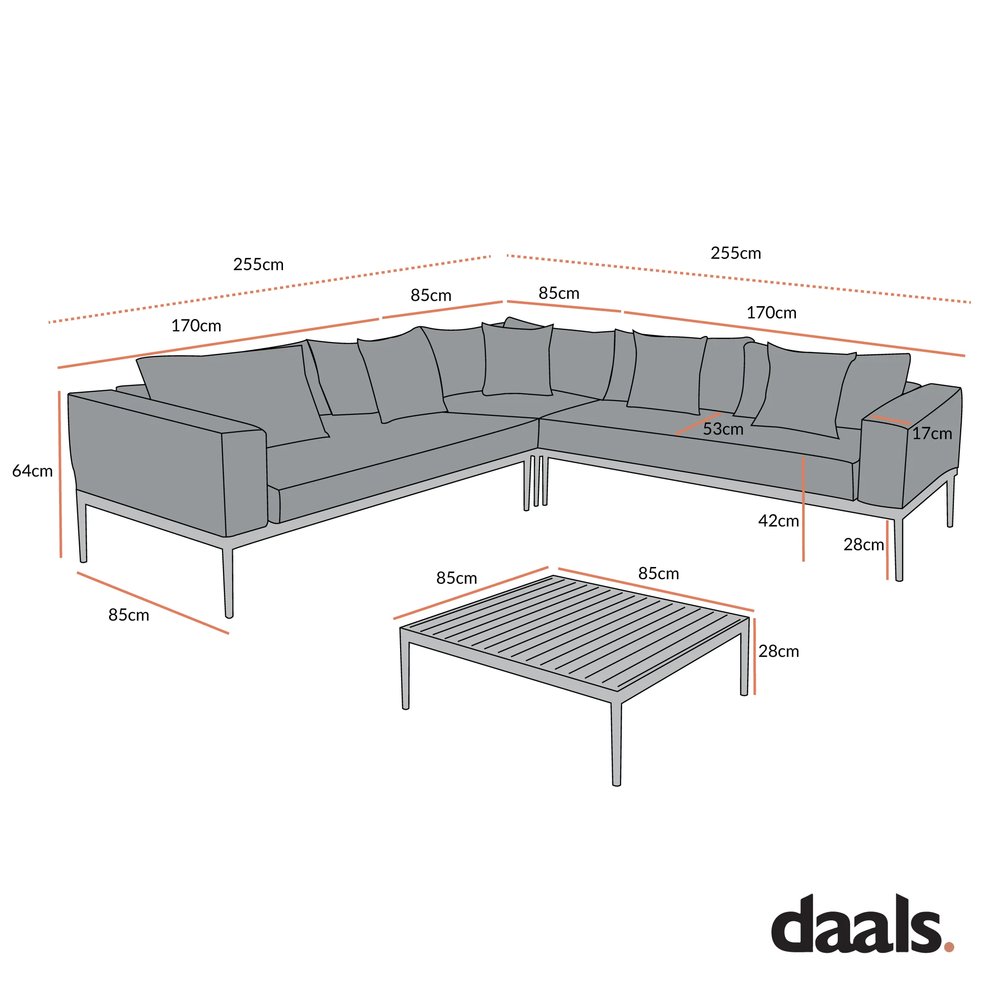 Calabasas Large Outdoor Fabric Aluminium Frame Corner Sofa Set with Coffee Table, Dark Grey - Image 4