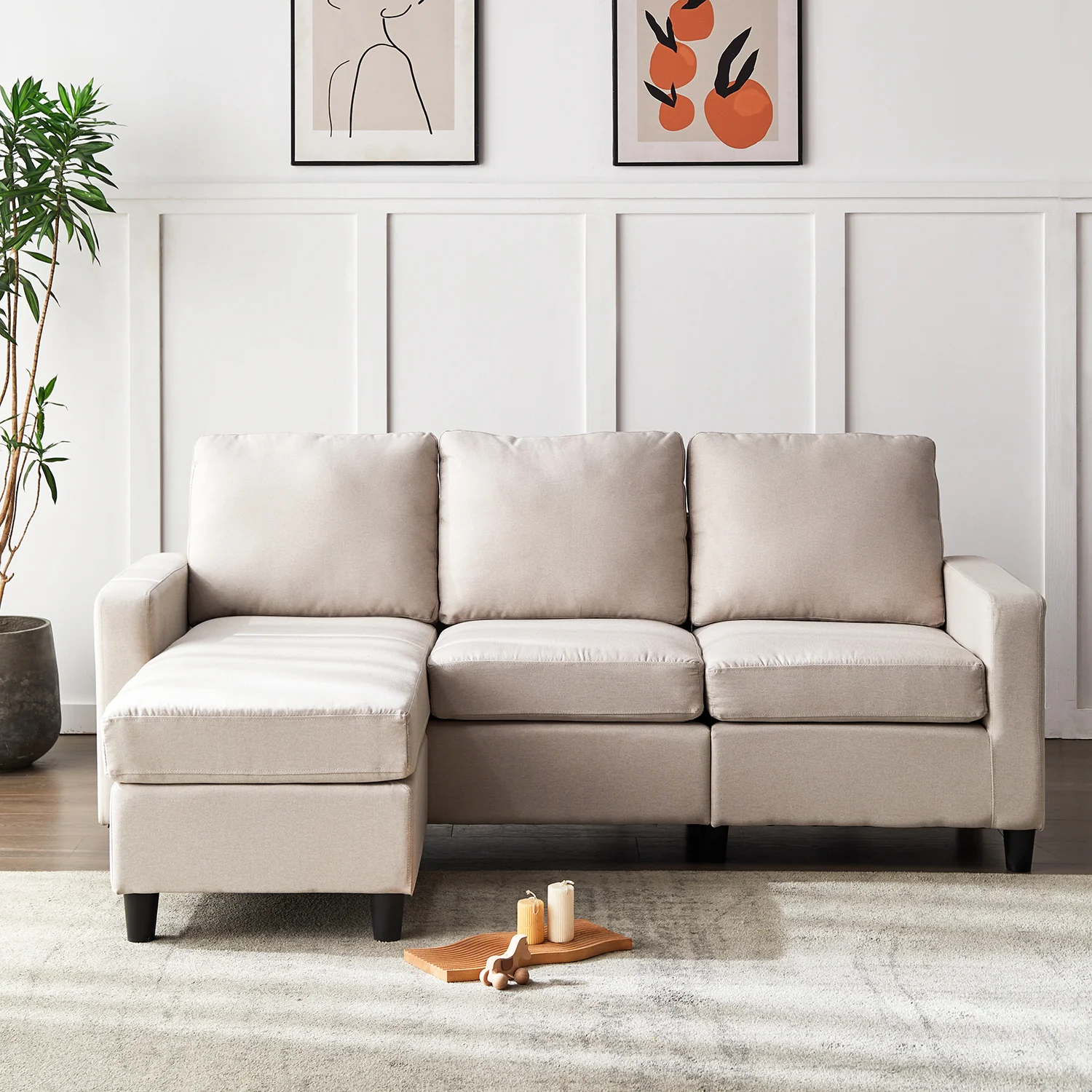 Campbell 3 Seater Sofa with Reversible Chaise in Beige Woven Fabric - Image 3