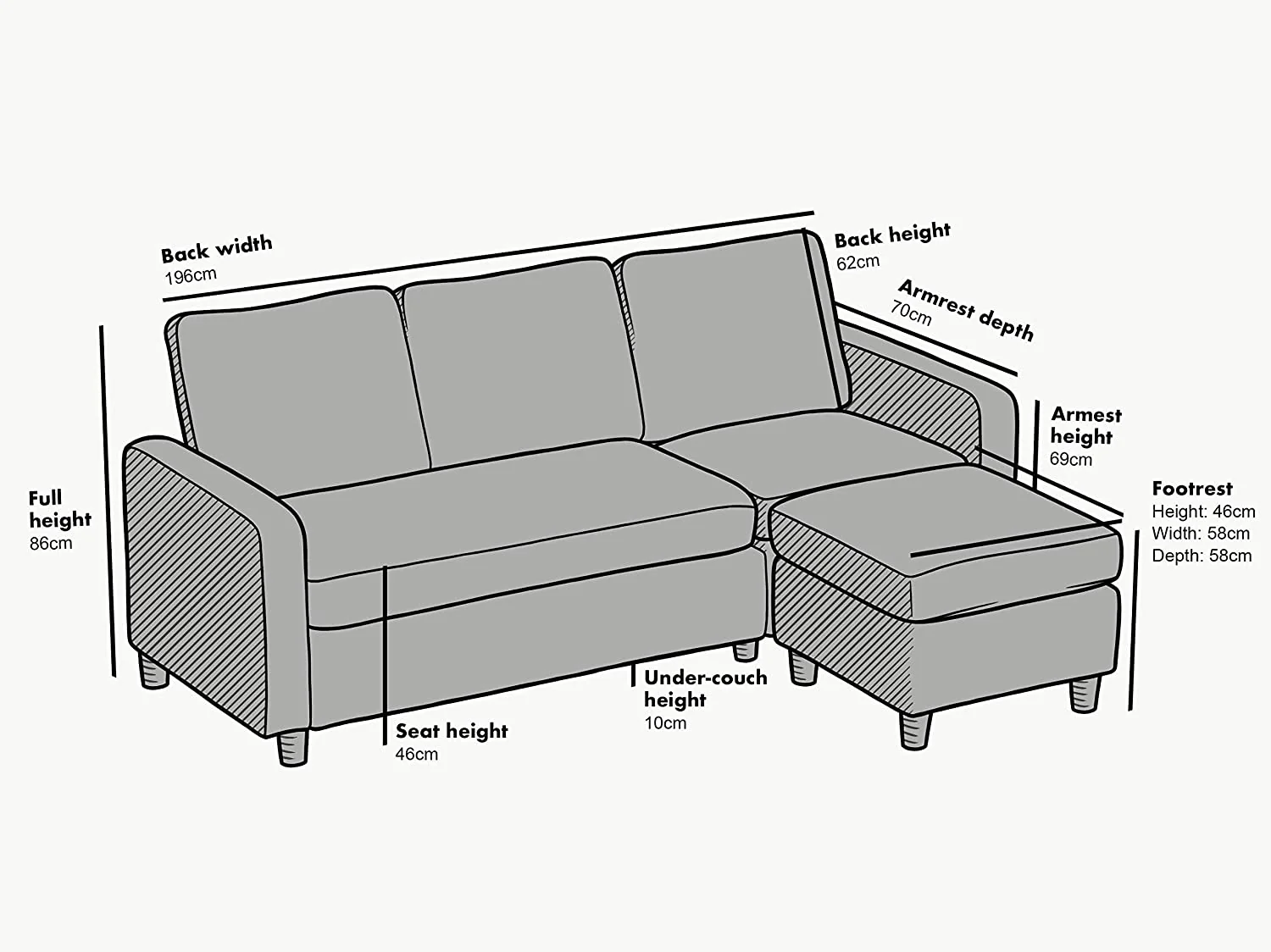 Campbell 3 Seater Sofa with Reversible Chaise in Light Grey - Image 9