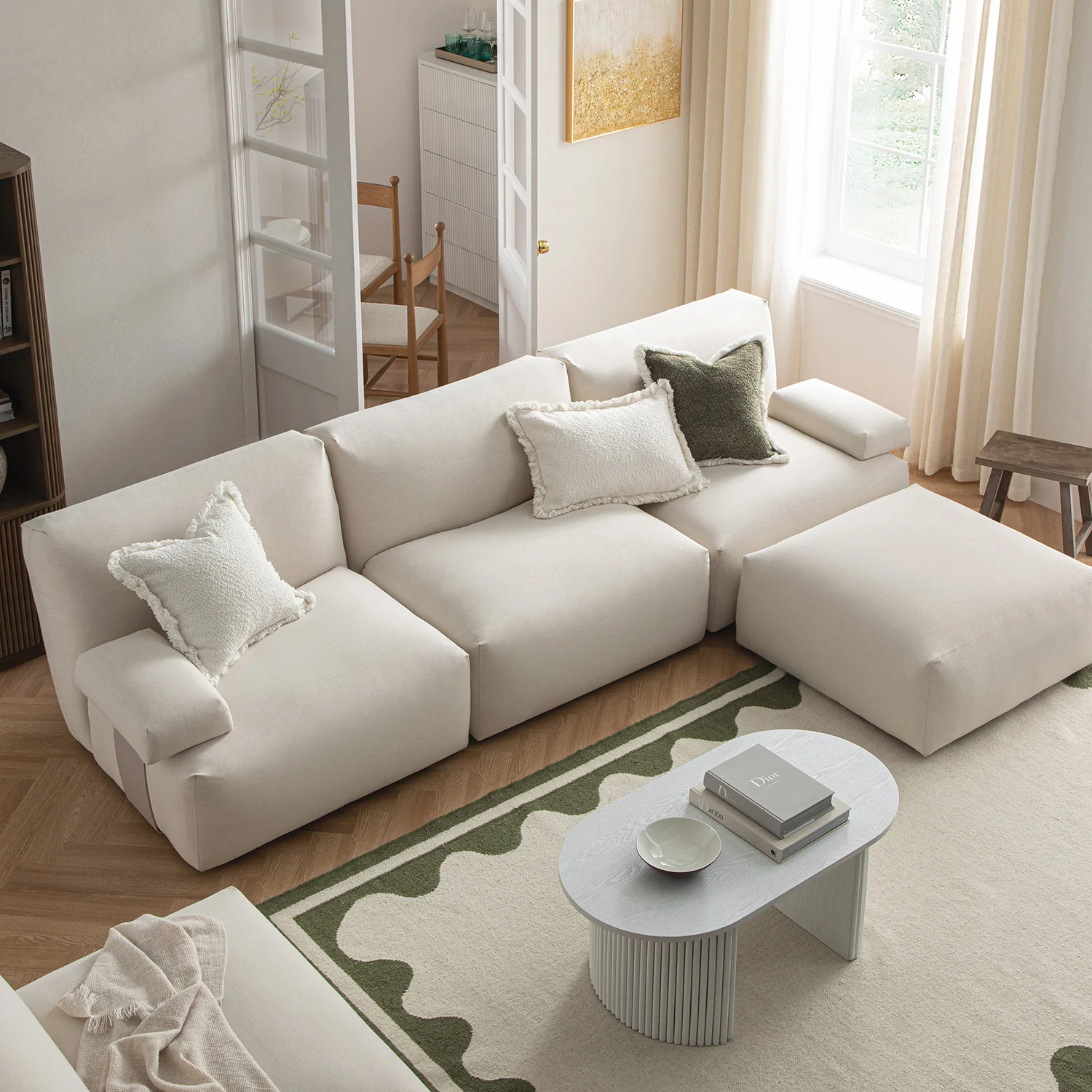 Carlyle Beige Cotton Blend Modular Sofa, 3-Piece Chaise - Image 3