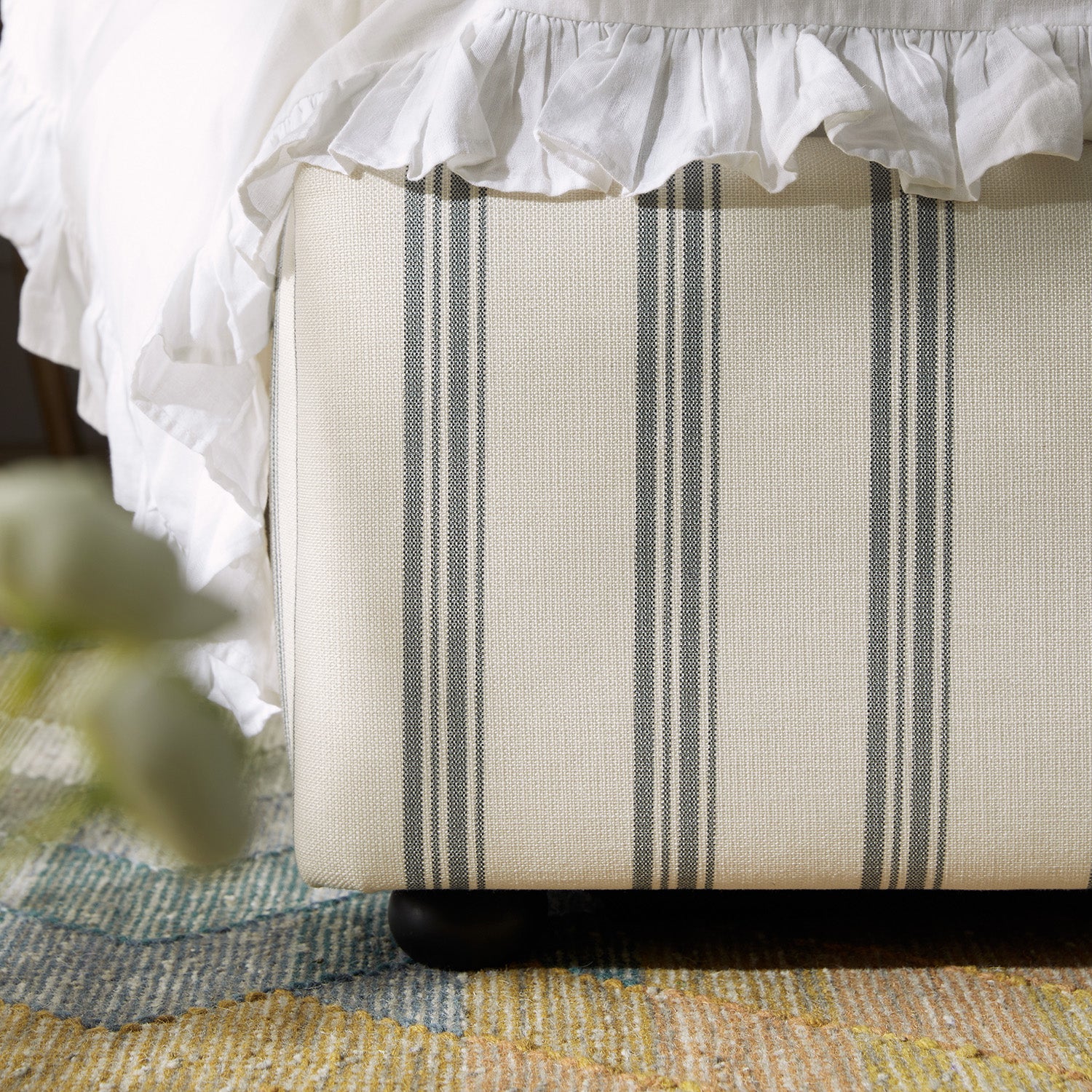Celeste Upholstered Storage Bed with Ruffled Headboard, Laurel Green Stripe - Image 10