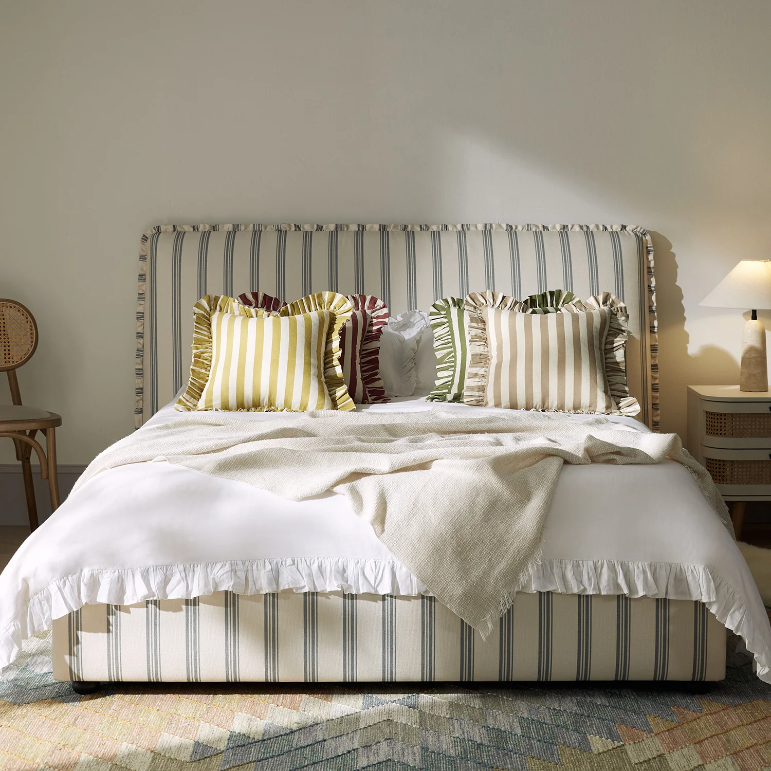 Celeste Upholstered Storage Bed with Ruffled Headboard, Laurel Green Stripe - Image 2