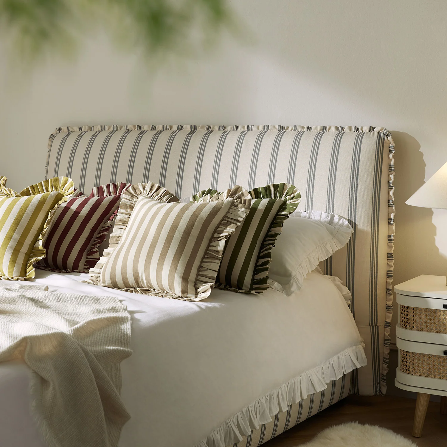 Celeste Upholstered Storage Bed with Ruffled Headboard, Laurel Green Stripe - Image 3
