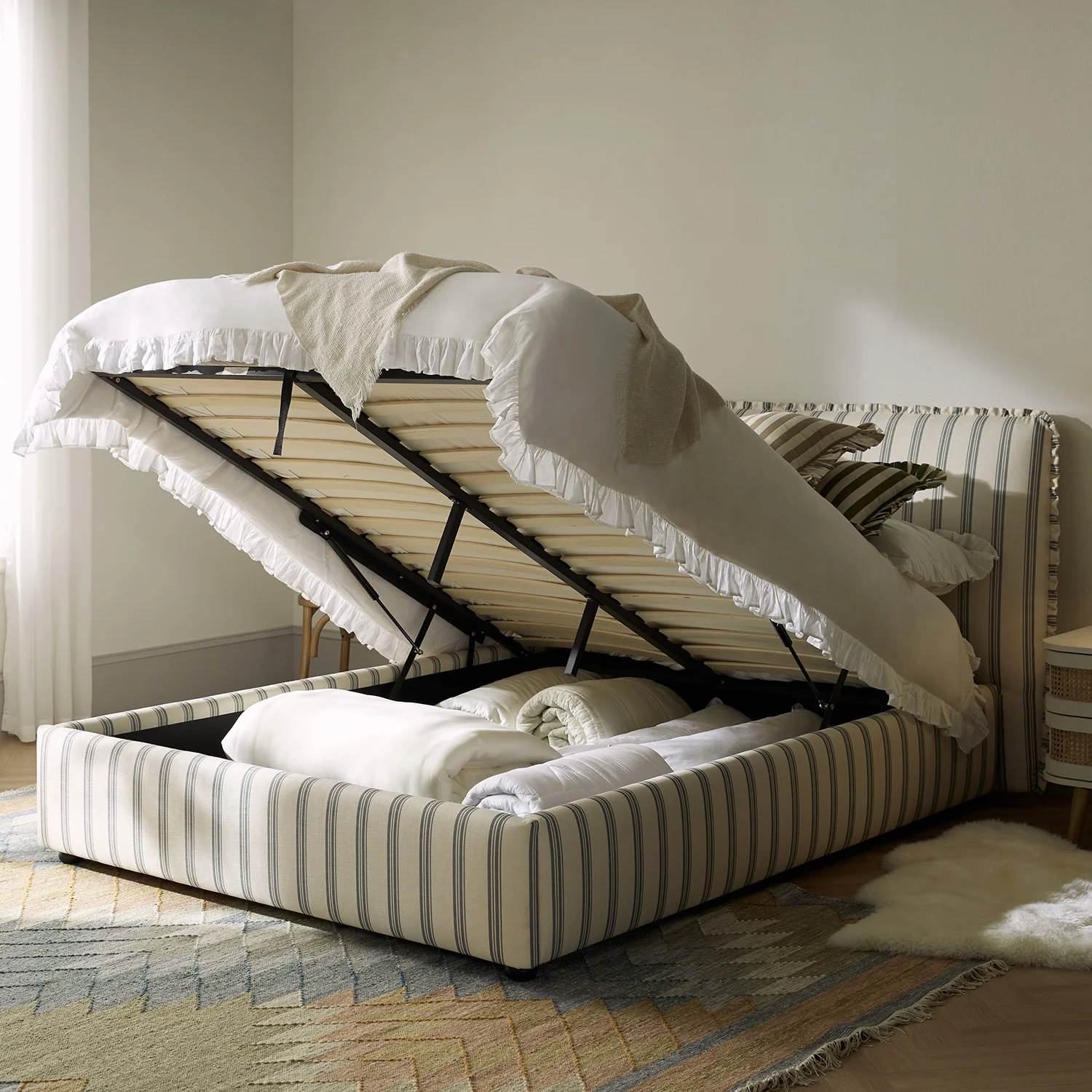 Celeste Upholstered Storage Bed with Ruffled Headboard, Laurel Green Stripe - Image 4