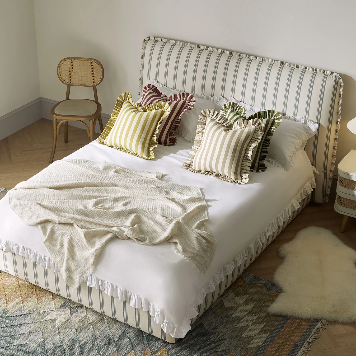 Celeste Upholstered Storage Bed with Ruffled Headboard, Laurel Green Stripe - Image 5