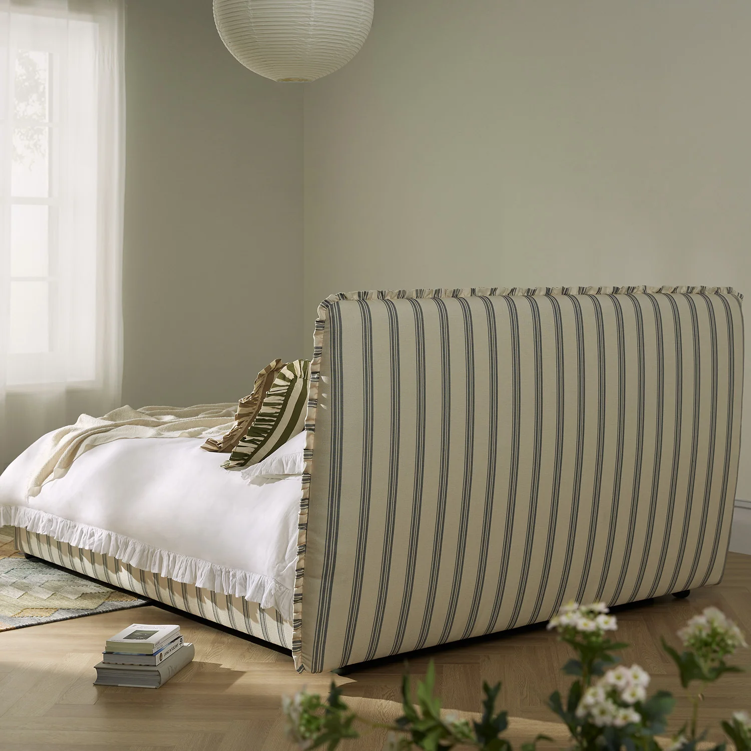 Celeste Upholstered Storage Bed with Ruffled Headboard, Laurel Green Stripe - Image 6