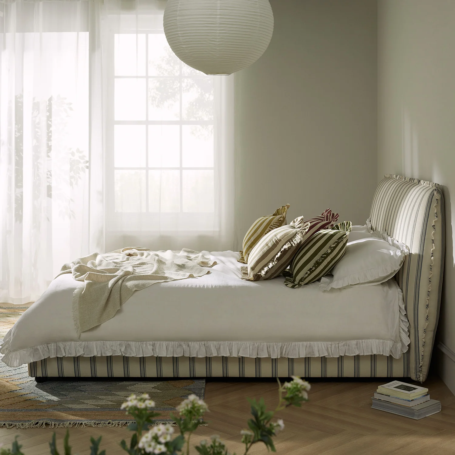 Celeste Upholstered Storage Bed with Ruffled Headboard, Laurel Green Stripe - Image 7
