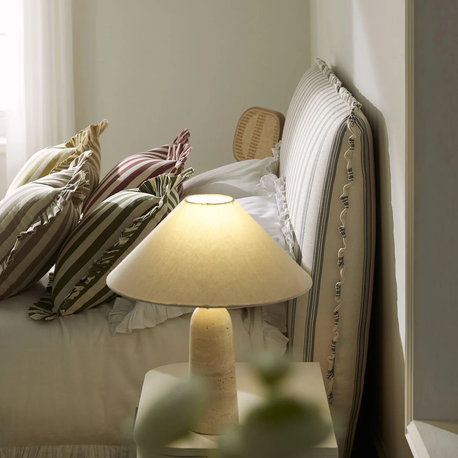 Celeste Upholstered Storage Bed with Ruffled Headboard, Laurel Green Stripe - Image 9