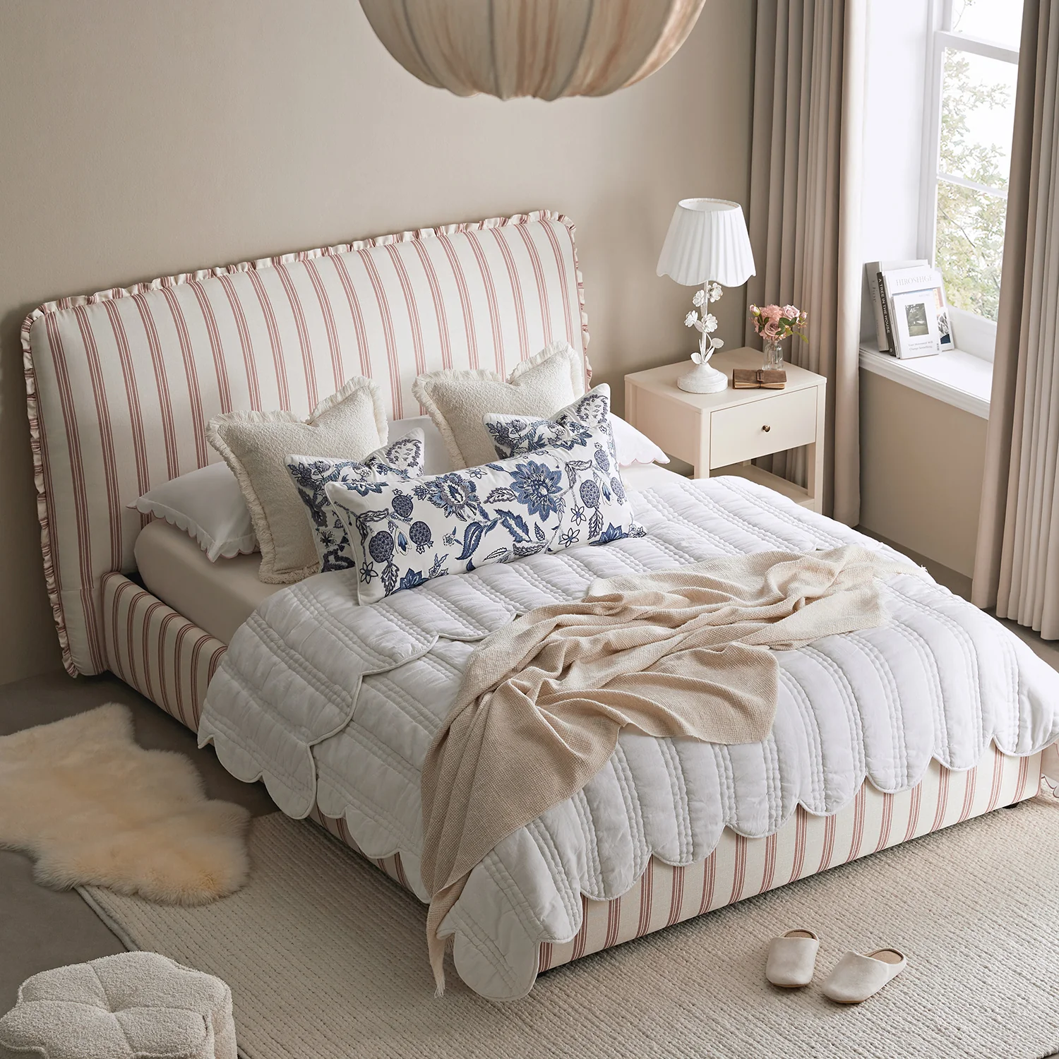 Celeste Upholstered Storage Bed with Ruffled Headboard, Peony Red Stripe - Image 3
