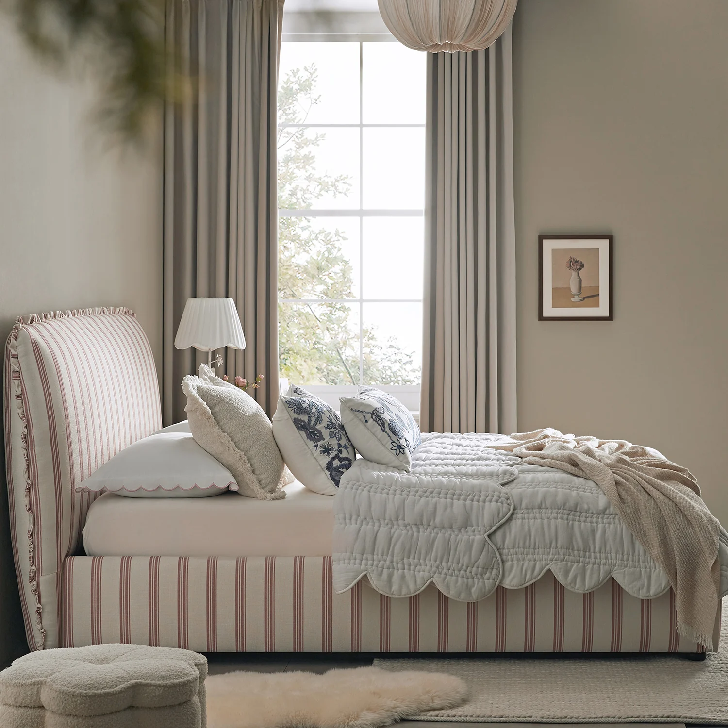 Celeste Upholstered Storage Bed with Ruffled Headboard, Peony Red Stripe - Image 5