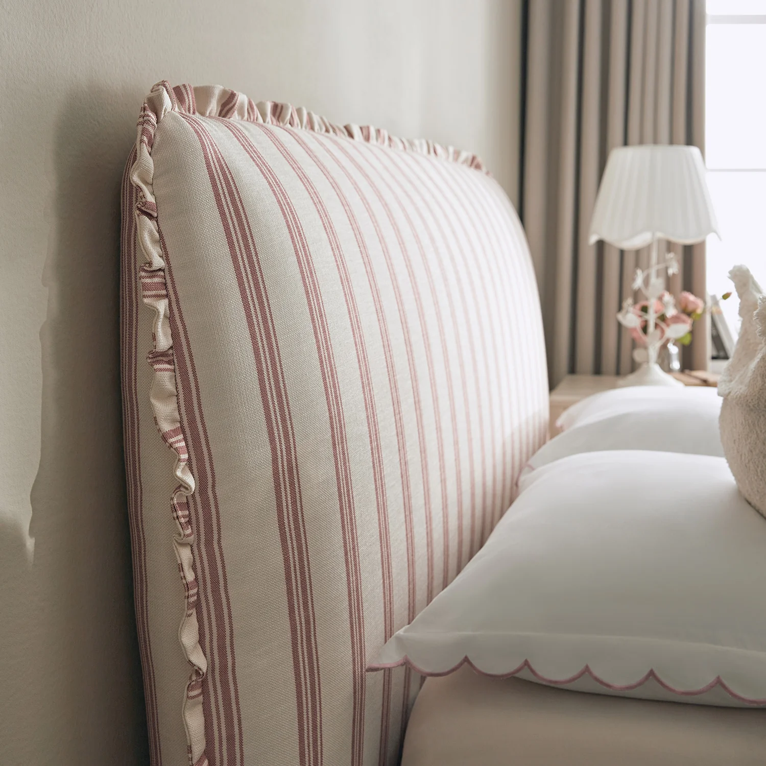 Celeste Upholstered Storage Bed with Ruffled Headboard, Peony Red Stripe - Image 7