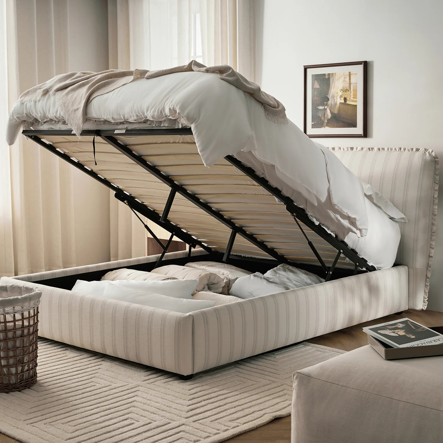 Celeste Upholstered Storage Bed with Ruffled Headboard, Seashell Stripe - Image 3