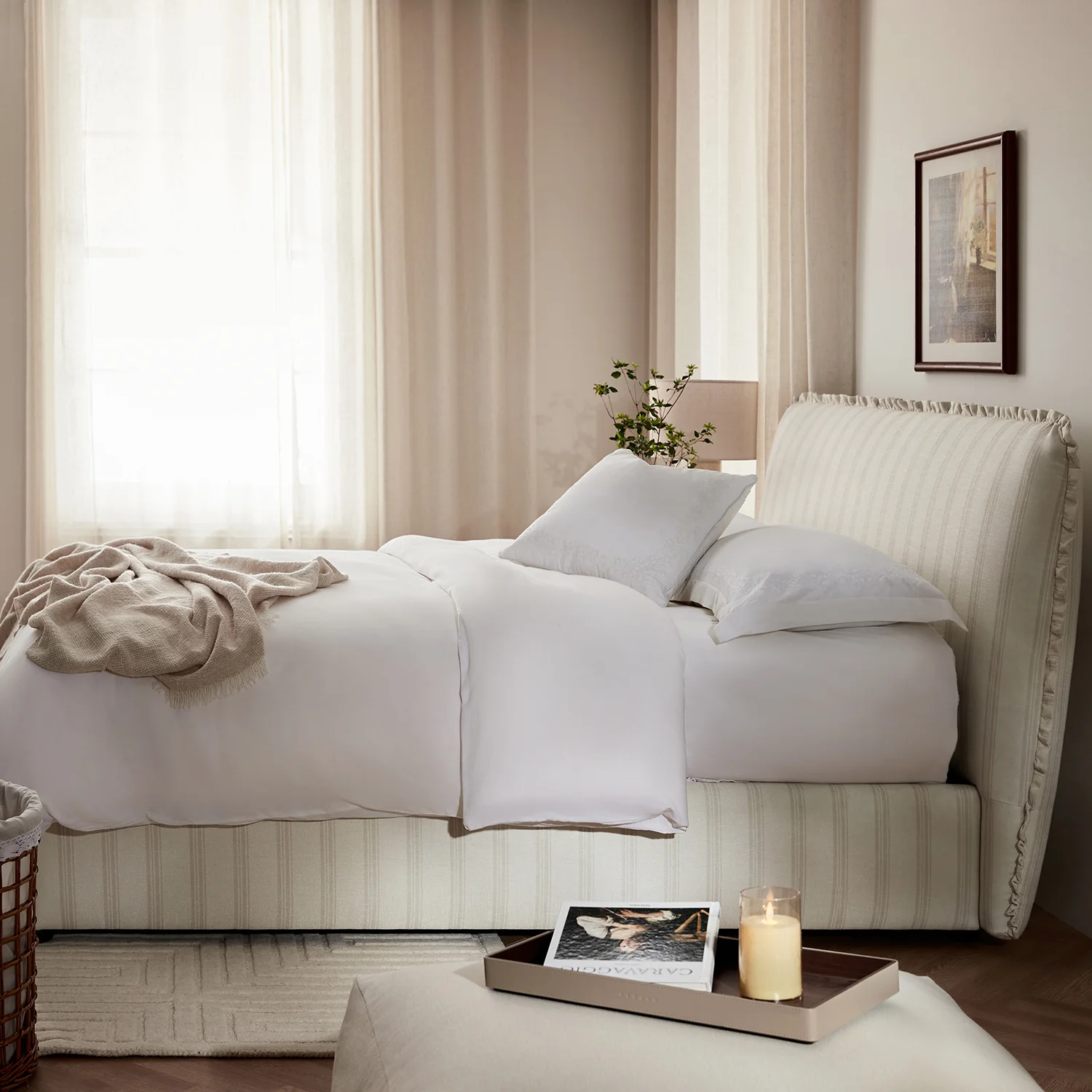 Celeste Upholstered Storage Bed with Ruffled Headboard, Seashell Stripe - Image 5
