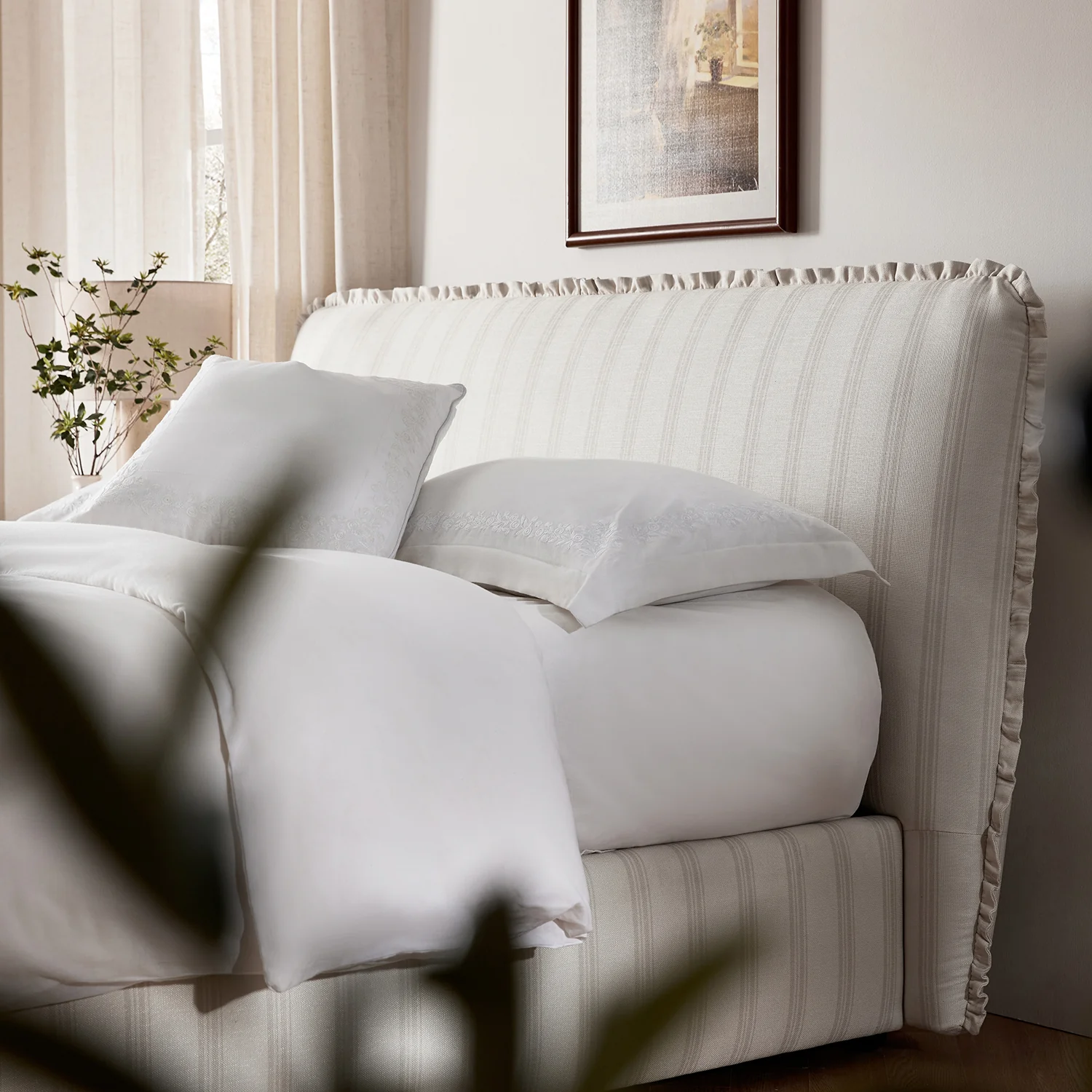 Celeste Upholstered Storage Bed with Ruffled Headboard, Seashell Stripe - Image 6