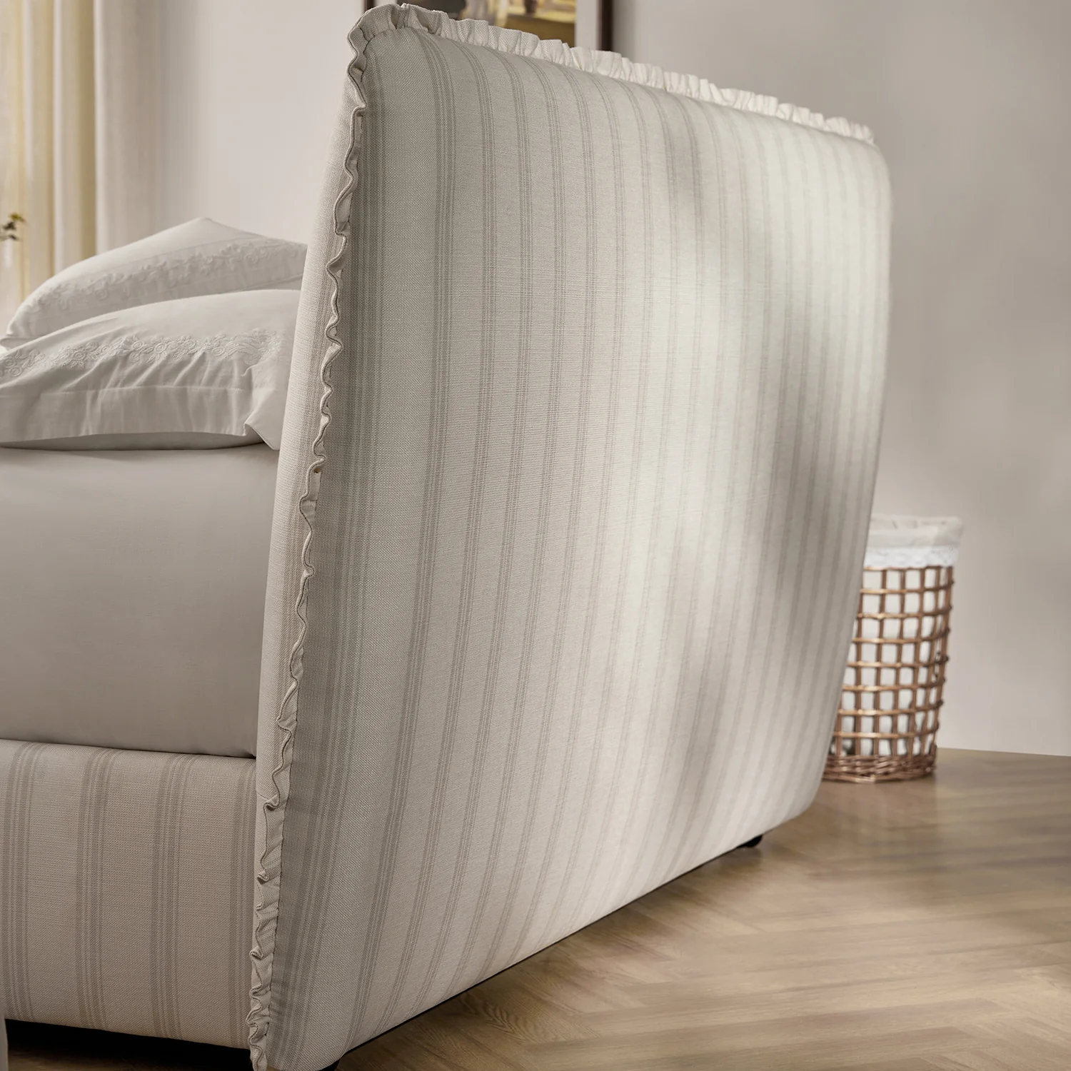 Celeste Upholstered Storage Bed with Ruffled Headboard, Seashell Stripe - Image 8