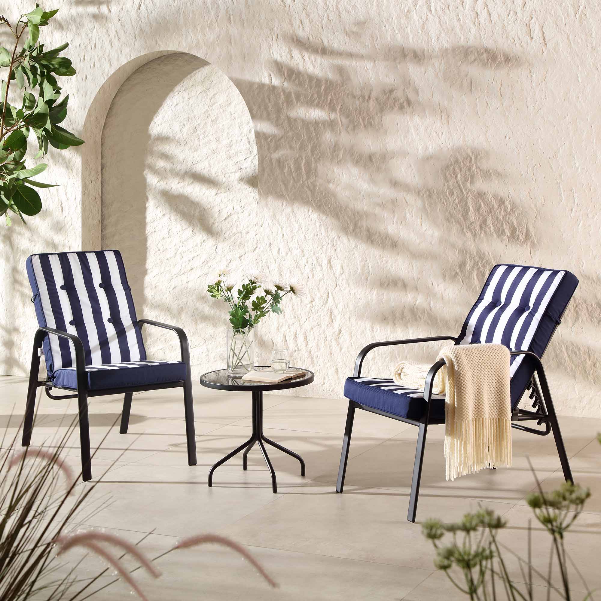 Champneys 2-Seater Steel and Fabric Outdoor Reclining Bistro Set with Stool, Blue - Image 2